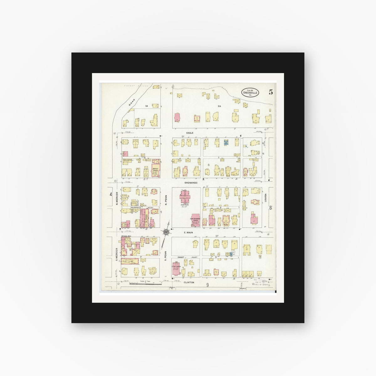 Old map wall art mockup — black gallery frame with white mat — Sanborn Fire Insurance Map from Greenville, Mercer County, Pennsylvania (1911), Sheet #0005