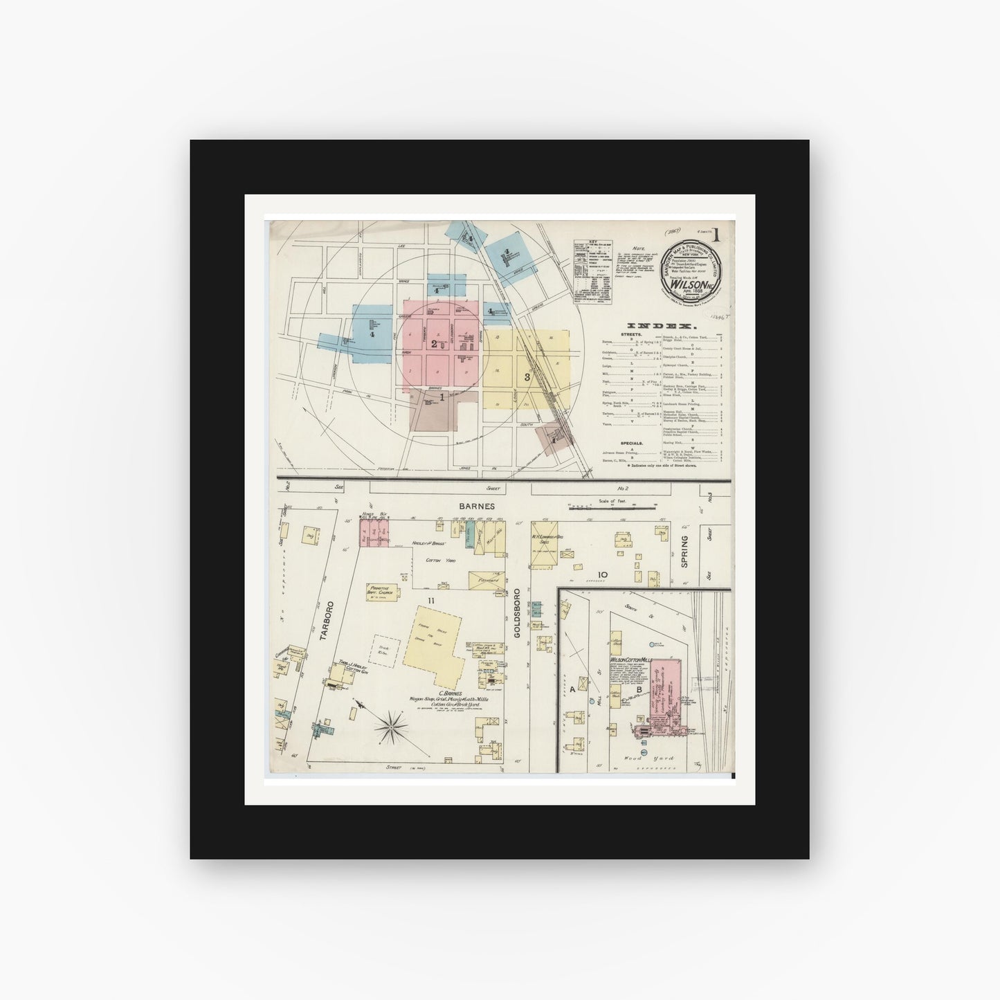Old map wall art mockup — black gallery frame with white mat — Sanborn Fire Insurance Map from Wilson, Wilson County, North Carolina (1888) - Complete Map Set