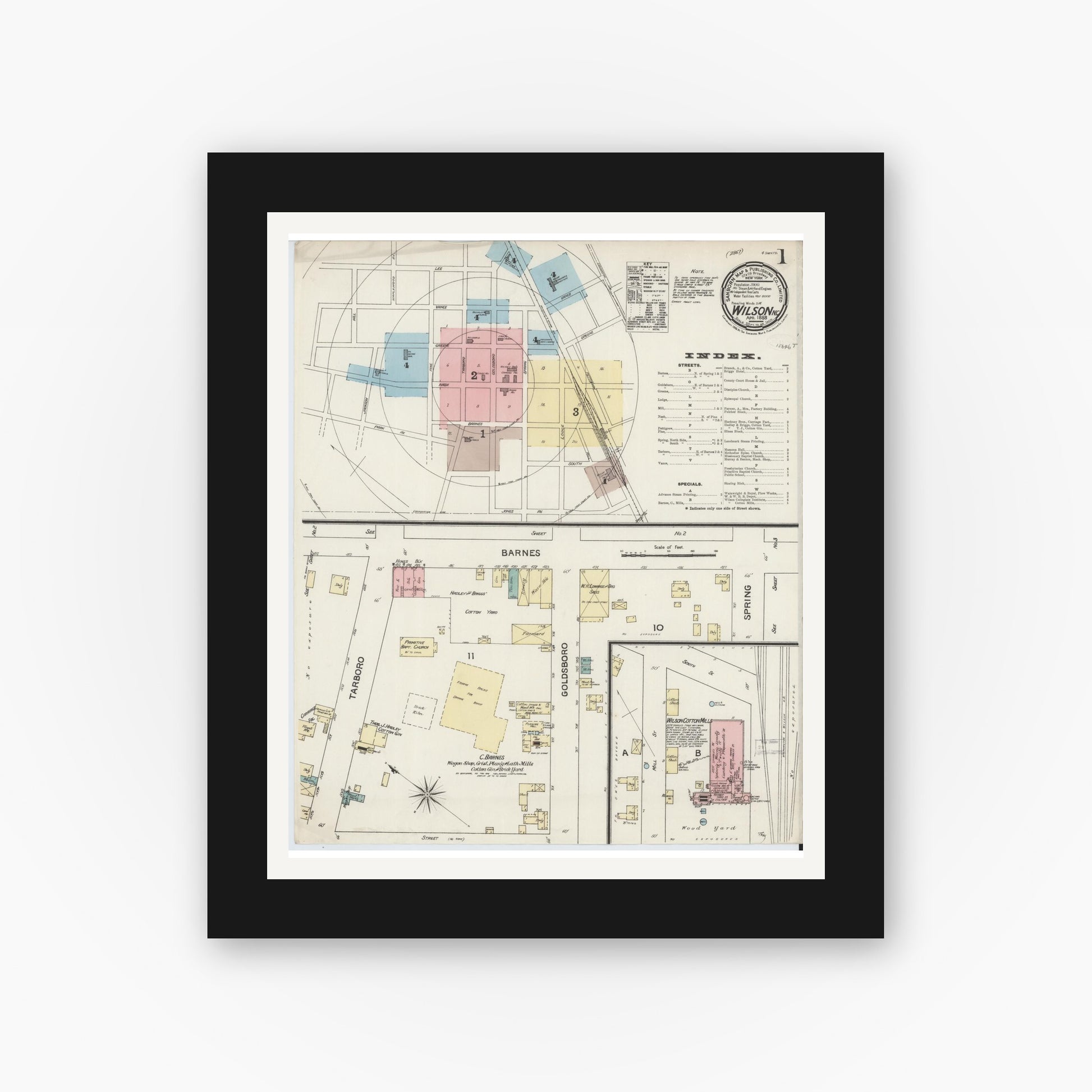 Old map wall art mockup — black gallery frame with white mat — Sanborn Fire Insurance Map from Wilson, Wilson County, North Carolina (1888) - Complete Map Set
