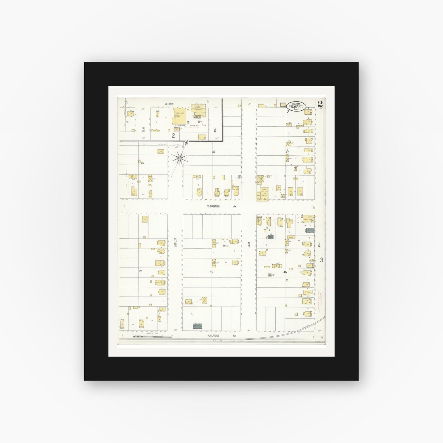 Old map wall art mockup — black gallery frame with white mat — Sanborn Fire Insurance Map from Newark, Alameda County, California (1908), Sheet #0002
