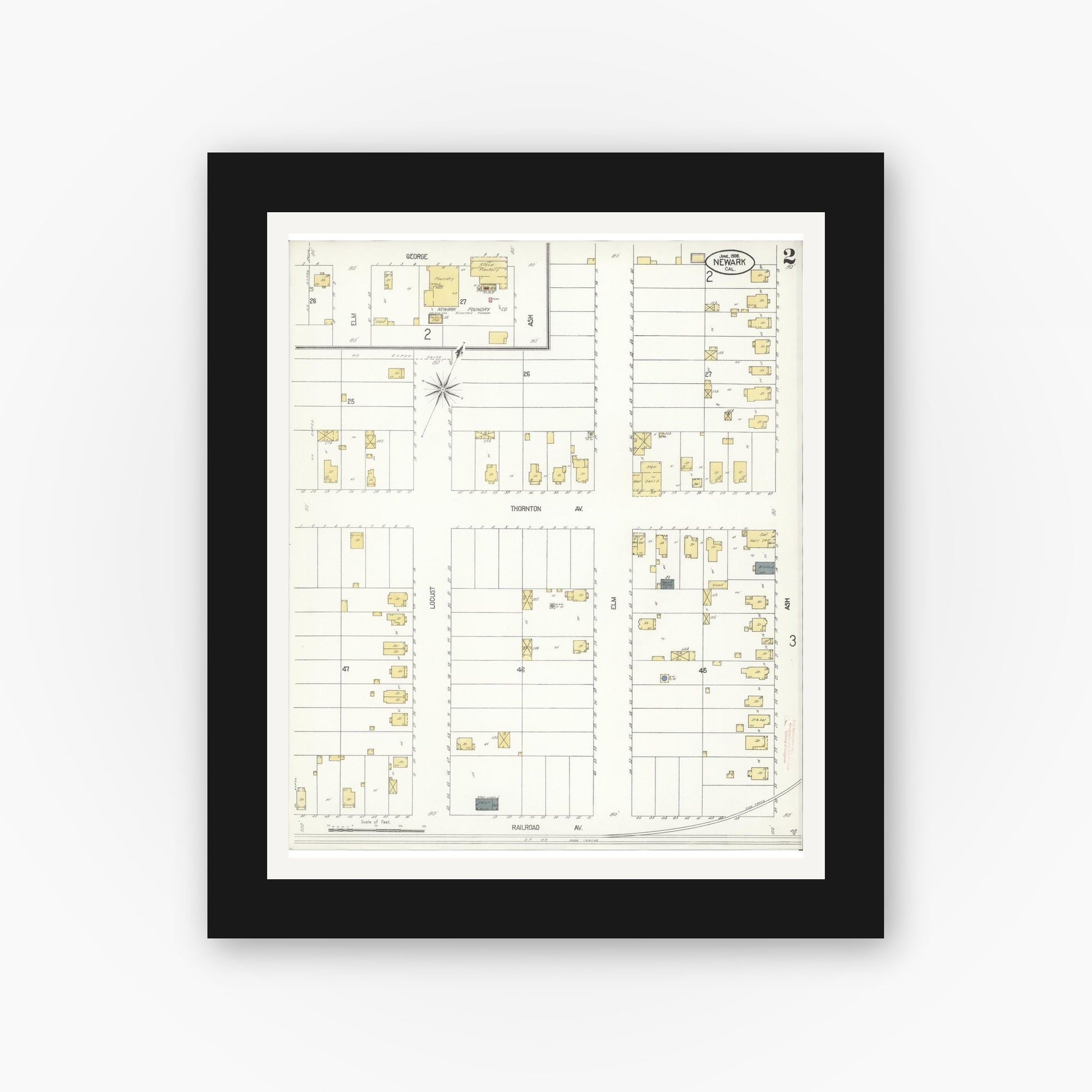 Old map wall art mockup — black gallery frame with white mat — Sanborn Fire Insurance Map from Newark, Alameda County, California (1908), Sheet #0002