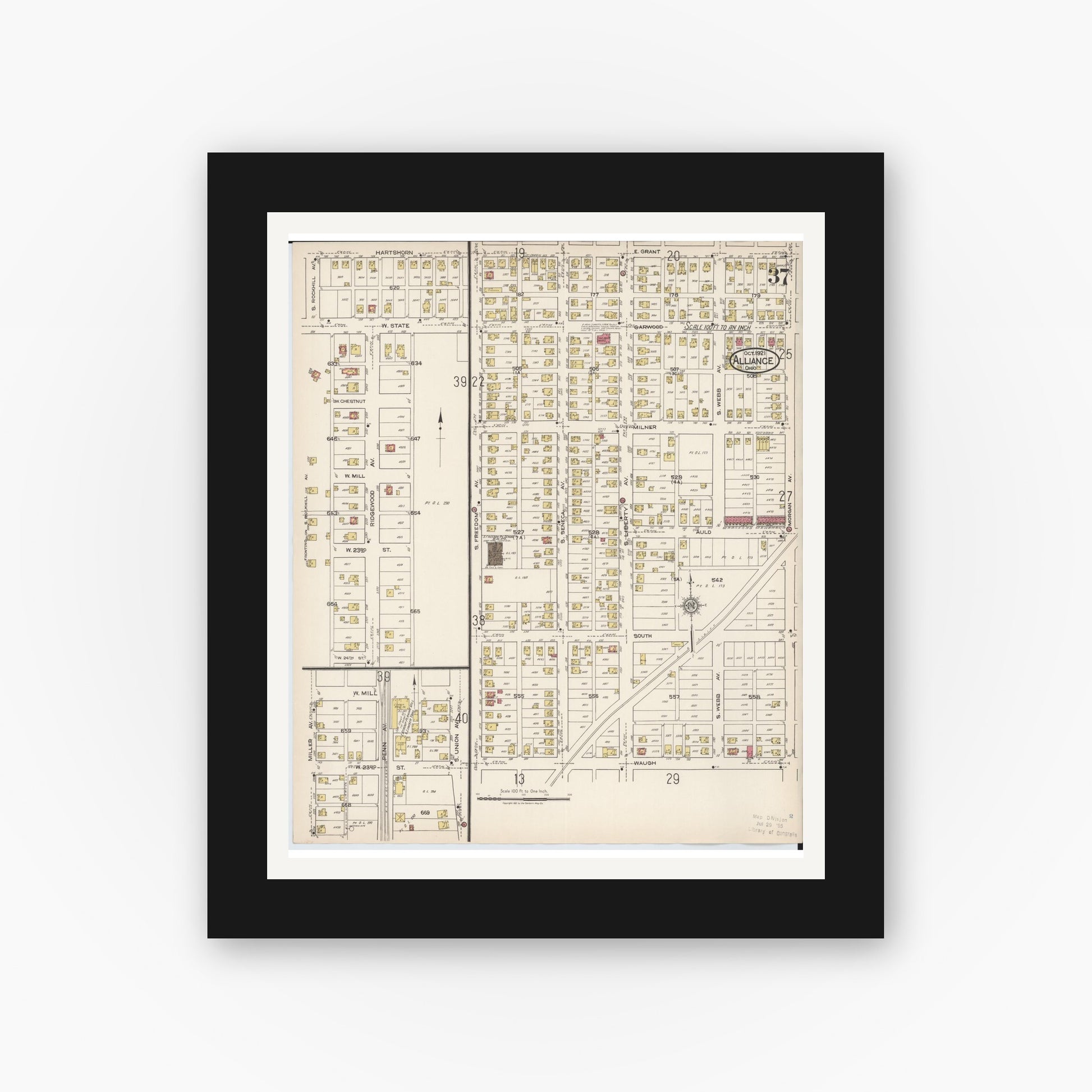 Old map wall art mockup — black gallery frame with white mat — Sanborn Fire Insurance Map from Alliance, Stark County, Ohio (1921), Sheet #0037