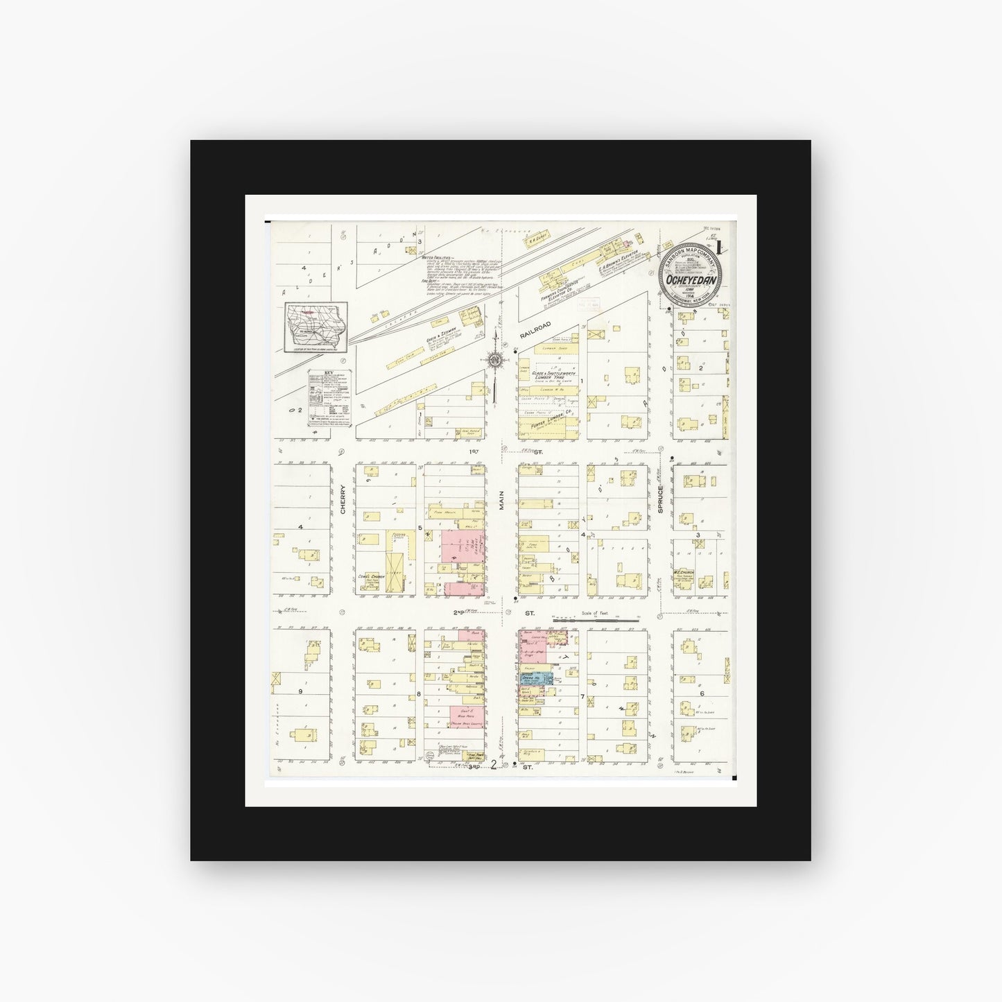Old map wall art mockup — black gallery frame with white mat — Sanborn Fire Insurance Map from Ocheyedan, Osceola County, Iowa (1914) â€” Complete Set