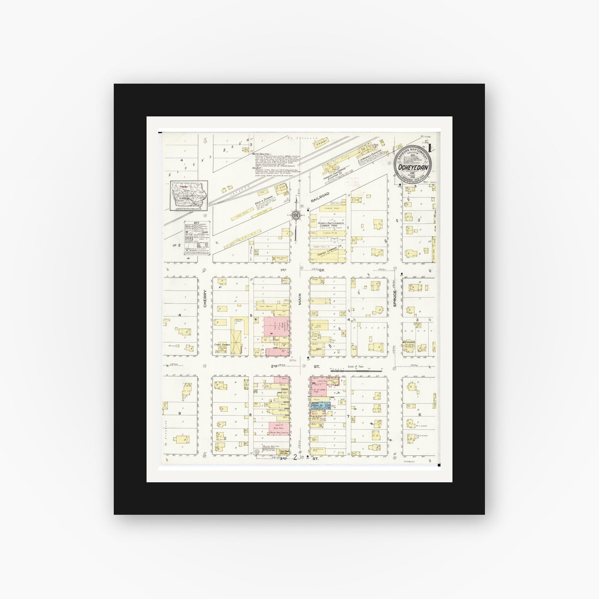 Old map wall art mockup — black gallery frame with white mat — Sanborn Fire Insurance Map from Ocheyedan, Osceola County, Iowa (1914) â€” Complete Set