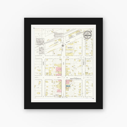 Old map wall art mockup — black gallery frame with white mat — Sanborn Fire Insurance Map from Ocheyedan, Osceola County, Iowa (1914) â€” Complete Set