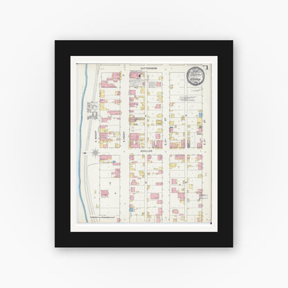 Old map wall art mockup — black gallery frame with white mat — Sanborn Fire Insurance Map from Hermann, Gasconade County, Missouri (1892), Sheet #0001