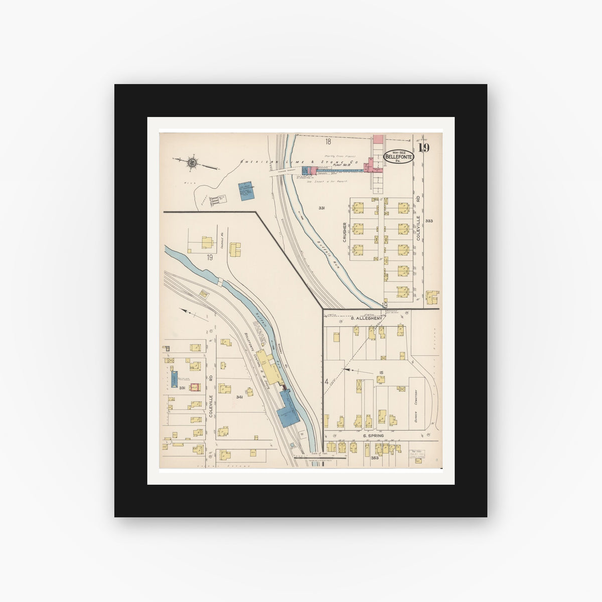 Old map wall art mockup — black gallery frame with white mat — Sanborn Fire Insurance Map from Bellefonte, Centre County, Pennsylvania (1922), Sheet #0019