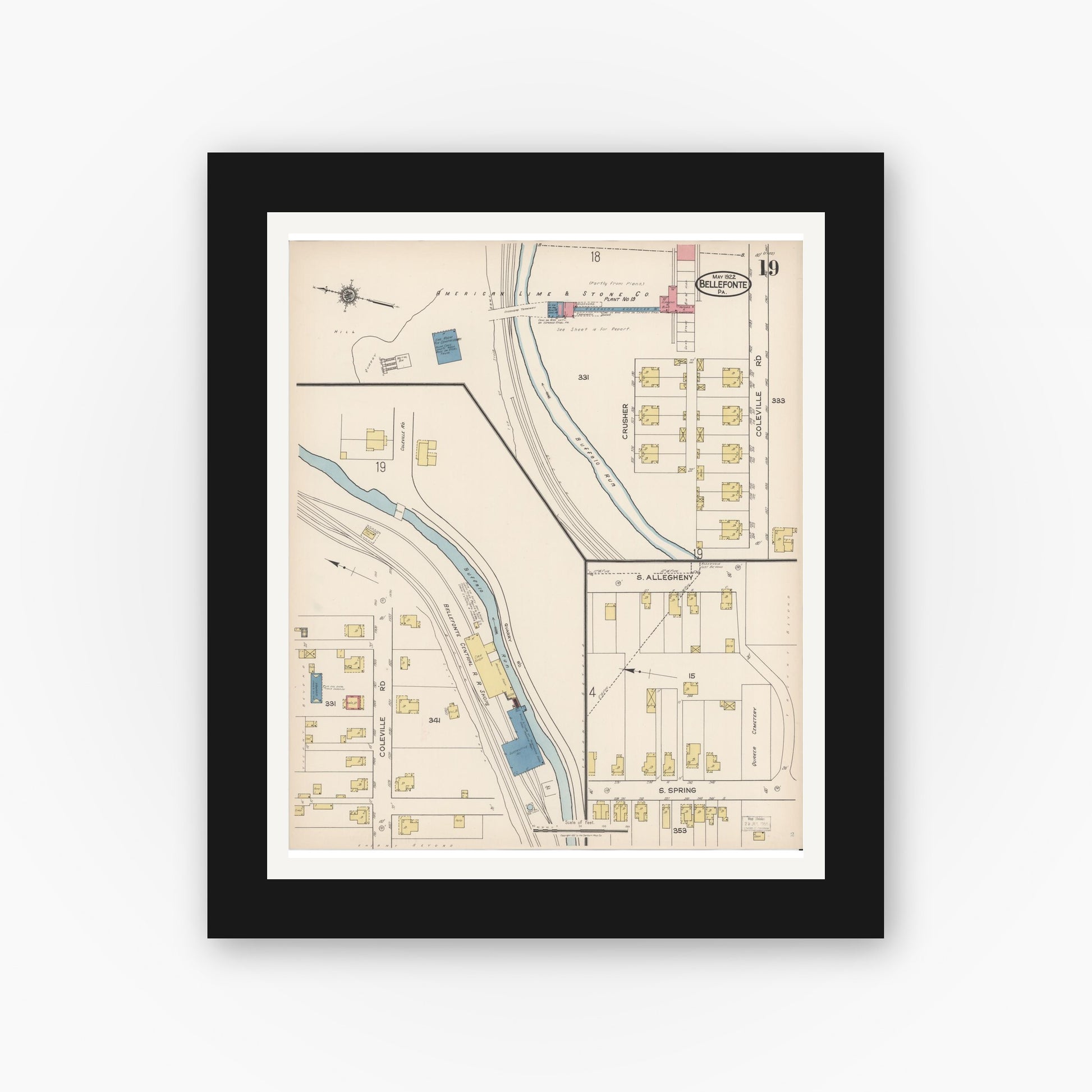 Old map wall art mockup — black gallery frame with white mat — Sanborn Fire Insurance Map from Bellefonte, Centre County, Pennsylvania (1922), Sheet #0019