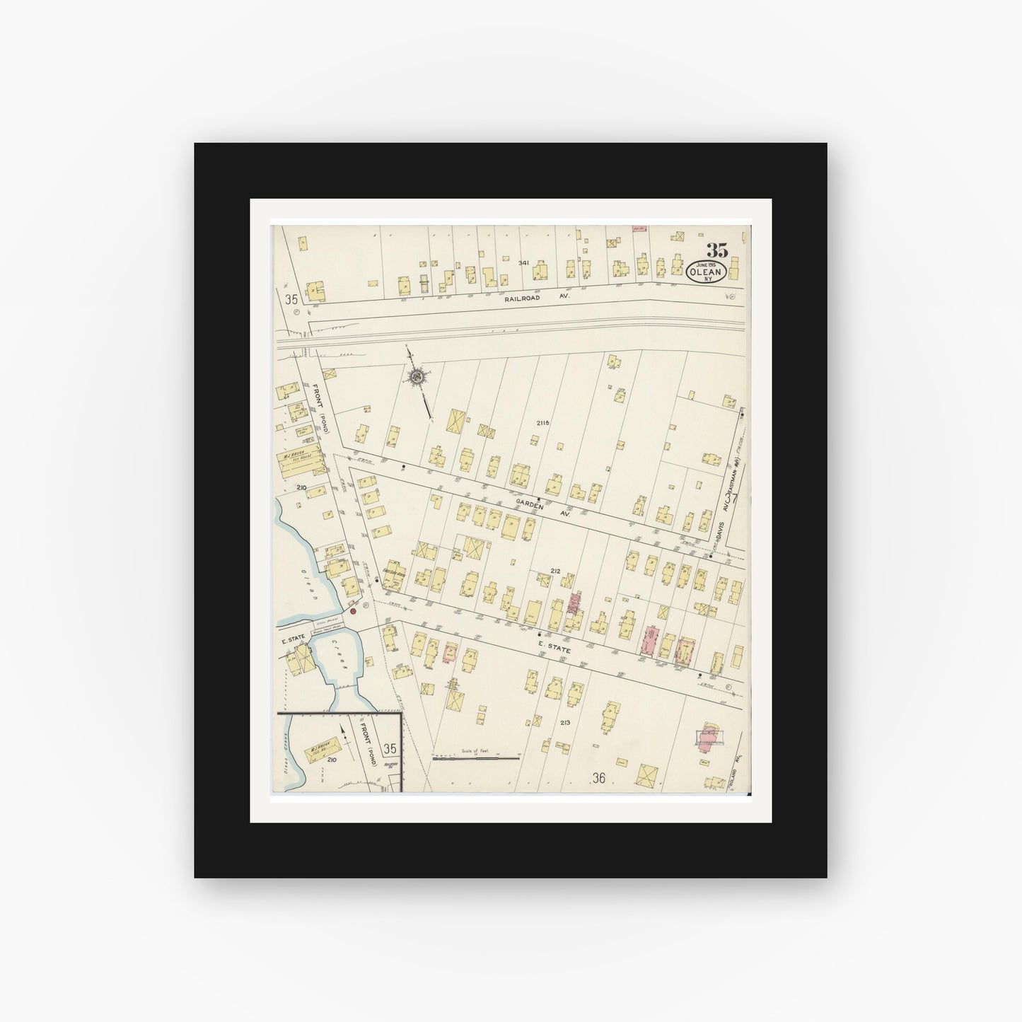 Old map wall art mockup — black gallery frame with white mat — Sanborn Fire Insurance Map from Olean, Cattaraugus County, New York (1915), Sheet #0035