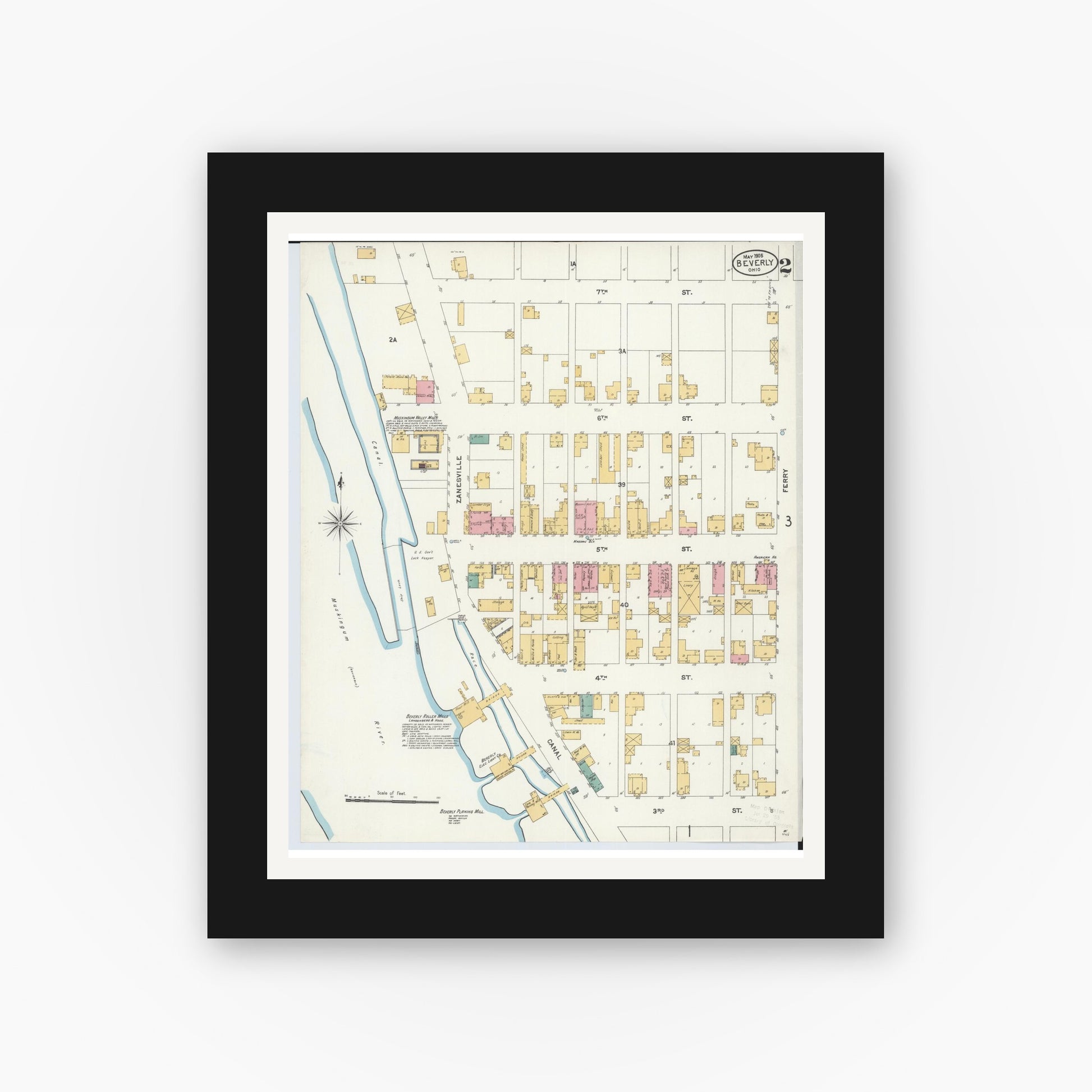 Old map wall art mockup — black gallery frame with white mat — Sanborn Fire Insurance Map from Beverly, Washington County, Ohio (1905), Sheet #0002
