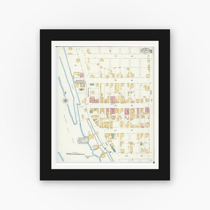 Old map wall art mockup — black gallery frame with white mat — Sanborn Fire Insurance Map from Beverly, Washington County, Ohio (1905), Sheet #0002