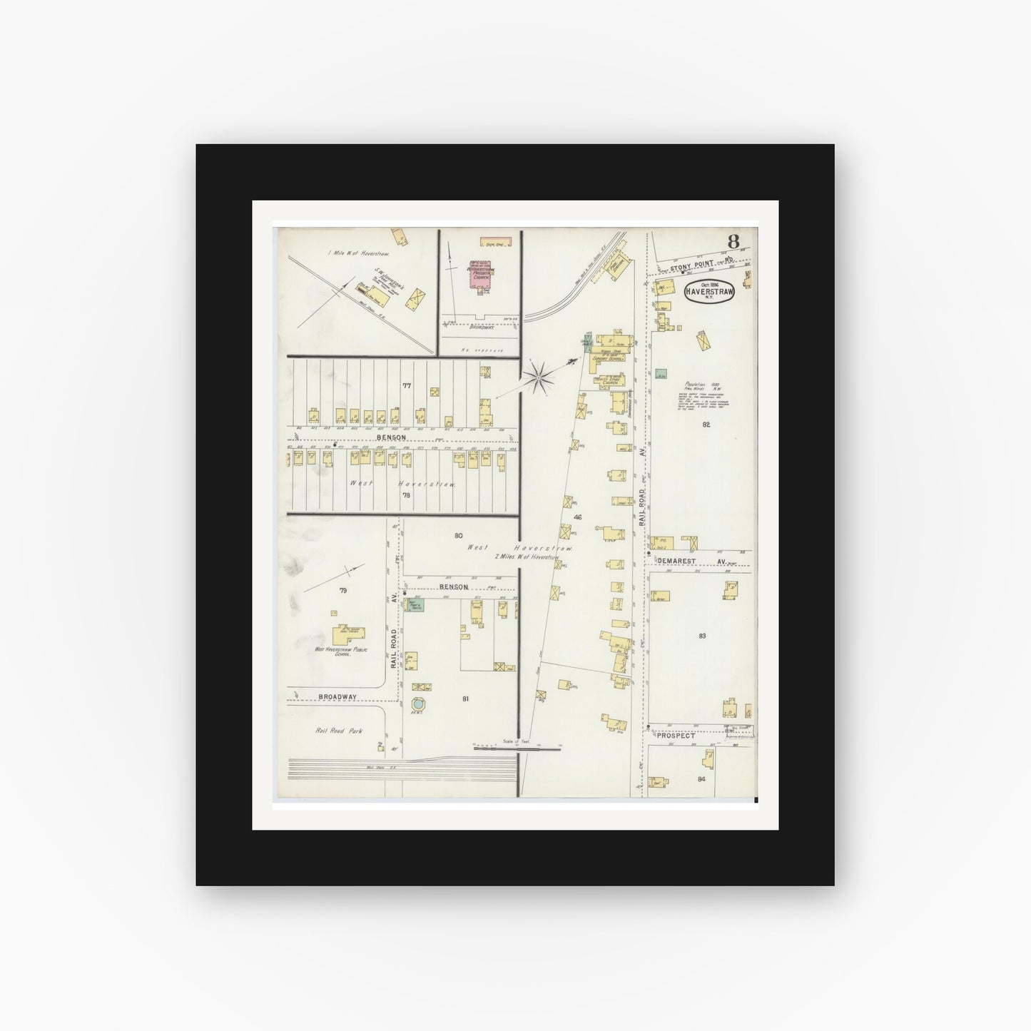 Old map wall art mockup — black gallery frame with white mat — Sanborn Fire Insurance Map from Haverstraw, Rockland County, New York (1896), Sheet #0008