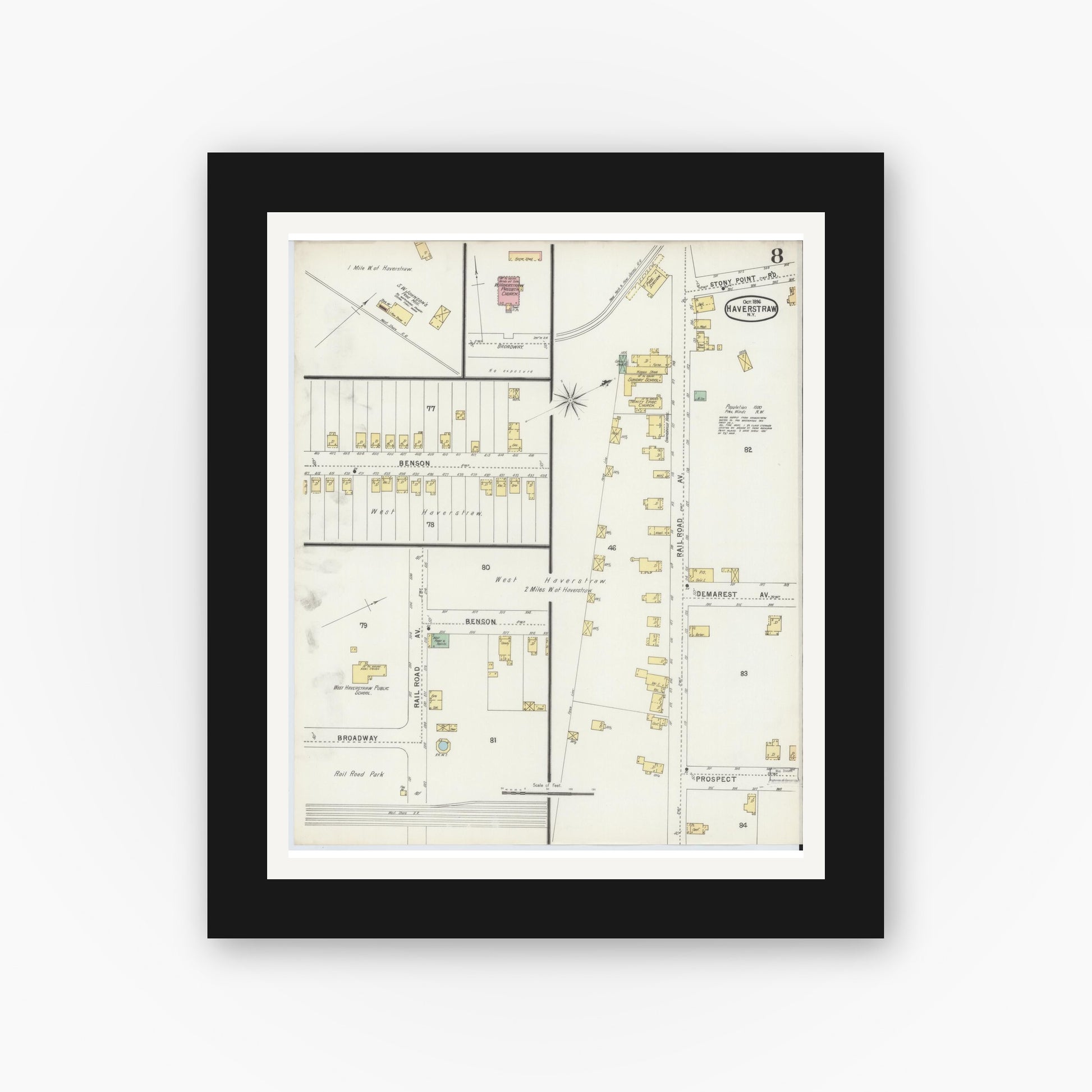Old map wall art mockup — black gallery frame with white mat — Sanborn Fire Insurance Map from Haverstraw, Rockland County, New York (1896), Sheet #0008
