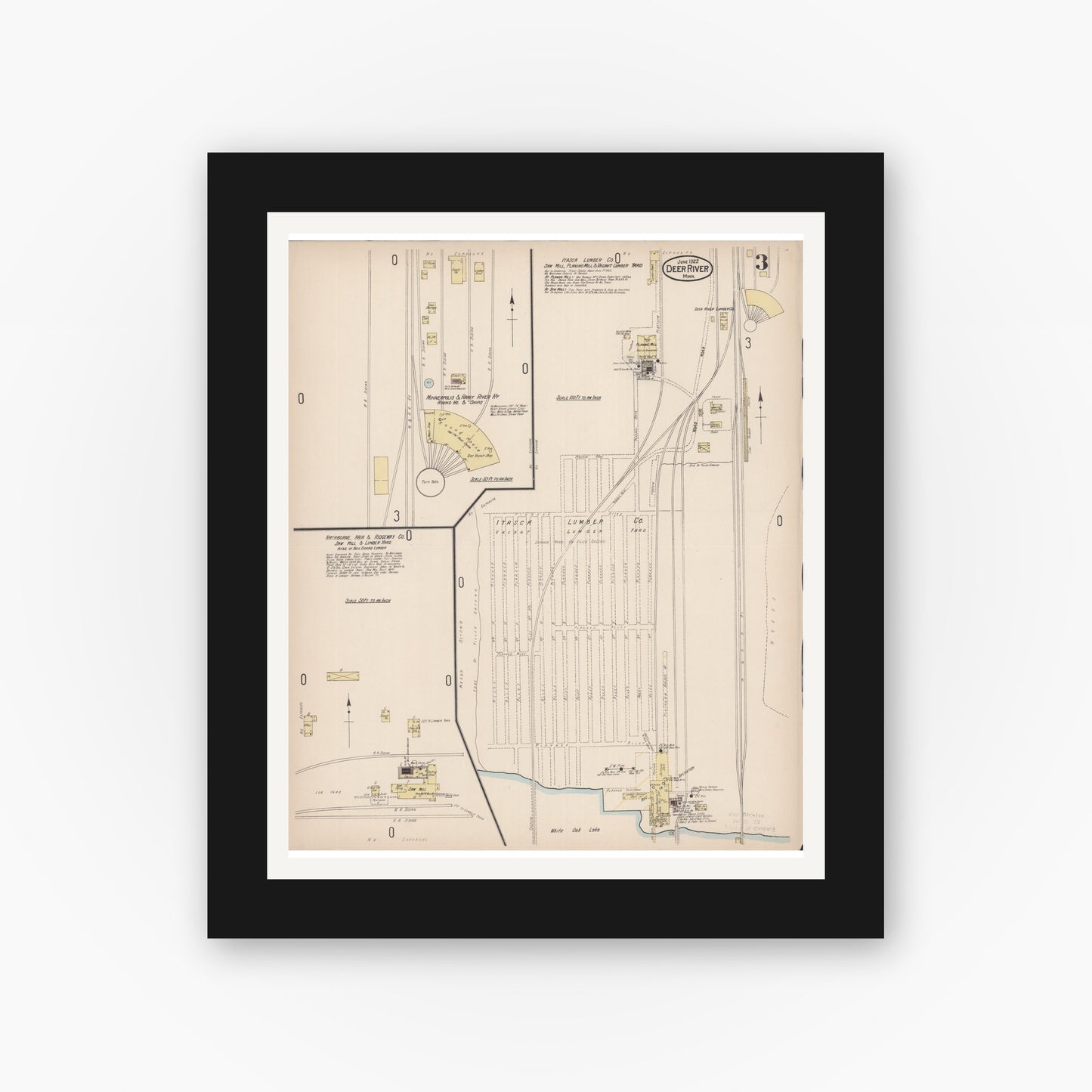 Old map wall art mockup — black gallery frame with white mat — Sanborn Fire Insurance Map from Deer River, Itasca County, Minnesota (1922), Sheet #0003