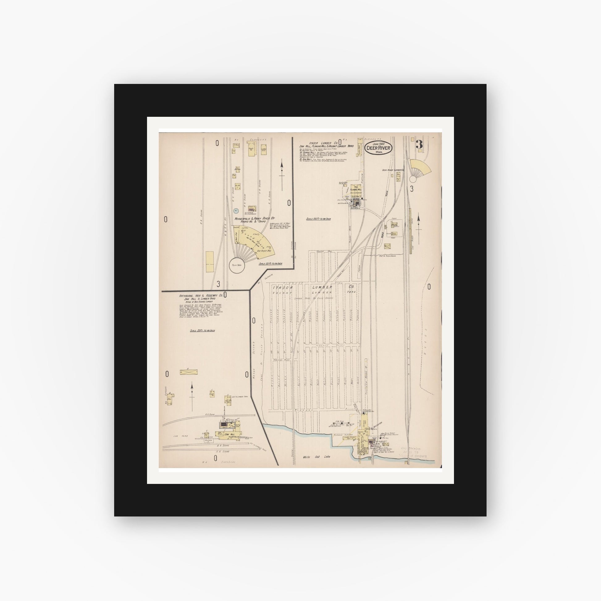 Old map wall art mockup — black gallery frame with white mat — Sanborn Fire Insurance Map from Deer River, Itasca County, Minnesota (1922), Sheet #0003