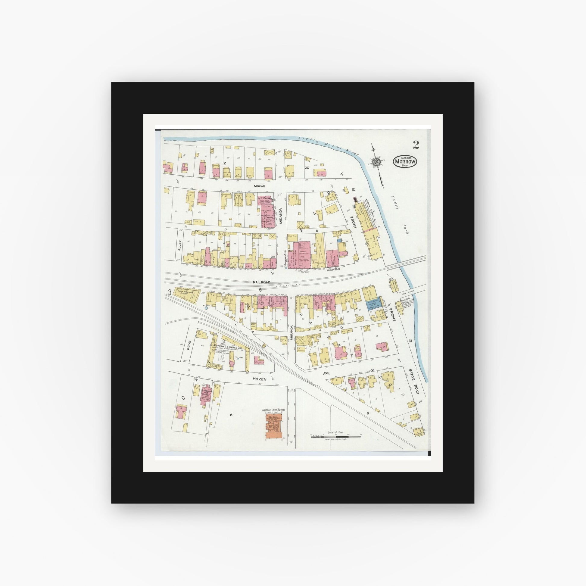 Old map wall art mockup — black gallery frame with white mat — Sanborn Fire Insurance Map from Morrow, Warren County, Ohio (1919), Sheet #0002