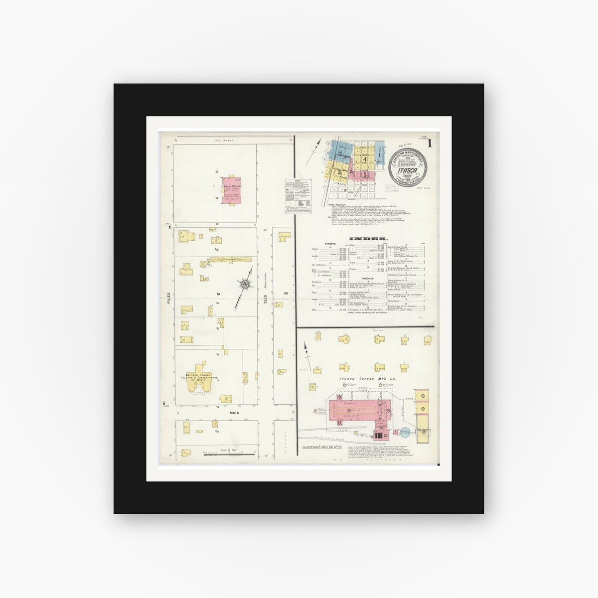Old map wall art mockup — black gallery frame with white mat — Sanborn Fire Insurance Map from Itasca, Hill County, Texas (1912), Sheet #0001