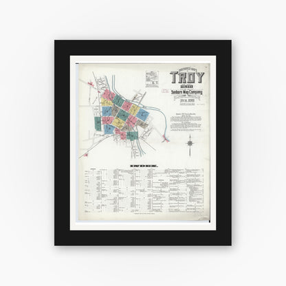 Old map wall art mockup — black gallery frame with white mat — Sanborn Fire Insurance Map from Troy, Miami County, Ohio (1911), Sheet #0001