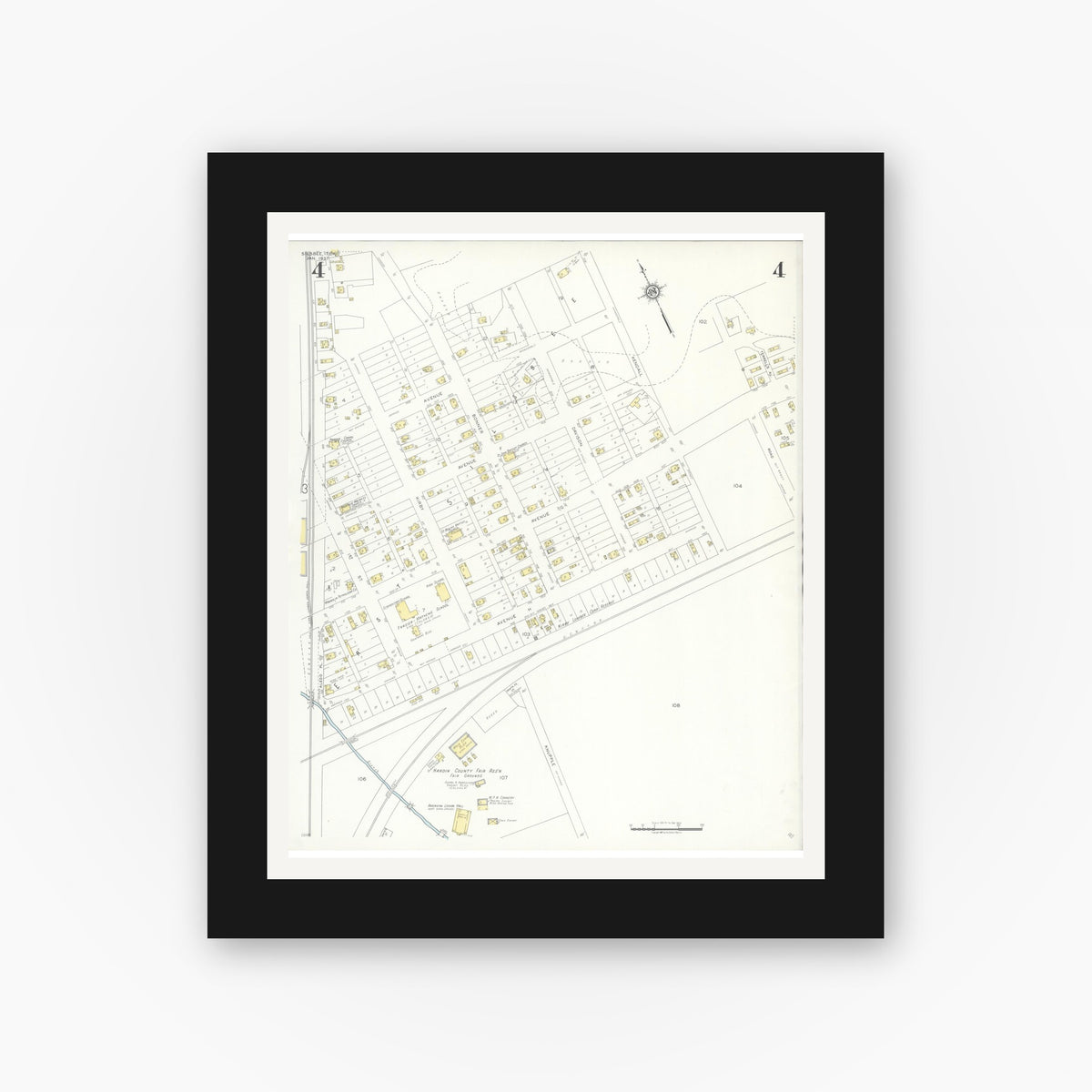 Old map wall art mockup — black gallery frame with white mat — Sanborn Fire Insurance Map from Silsbee, Hardin County, Texas (1937), Sheet #0004