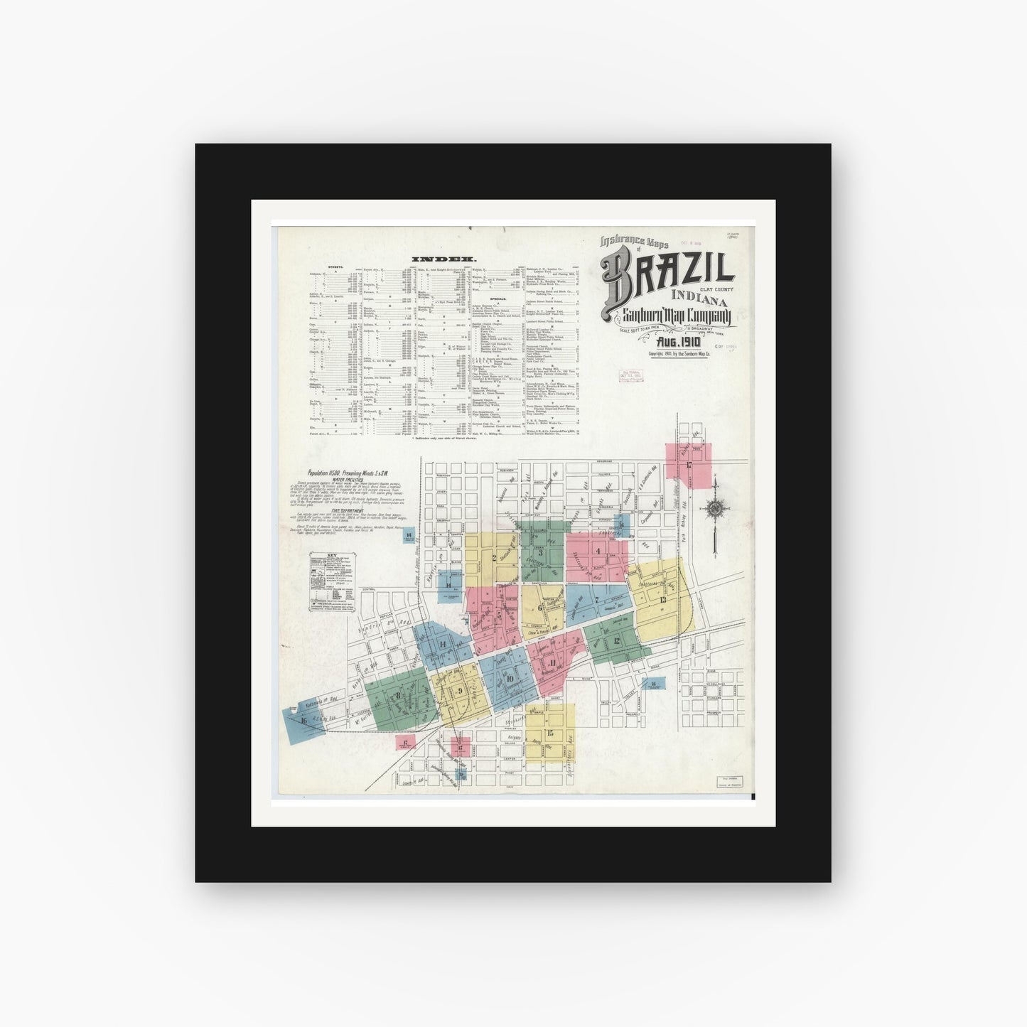 Old map wall art mockup — black gallery frame with white mat — Sanborn Fire Insurance Map from Brazil, Clay County, Indiana (1910) - Complete Map Set