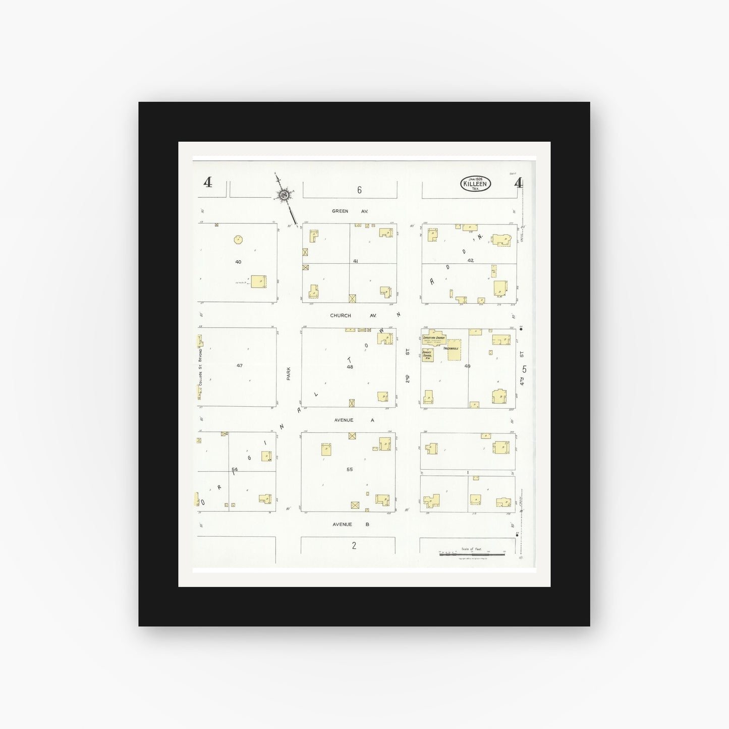 Old map wall art mockup — black gallery frame with white mat — Sanborn Fire Insurance Map from Killeen, Bell County, Texas (1926), Sheet #0004