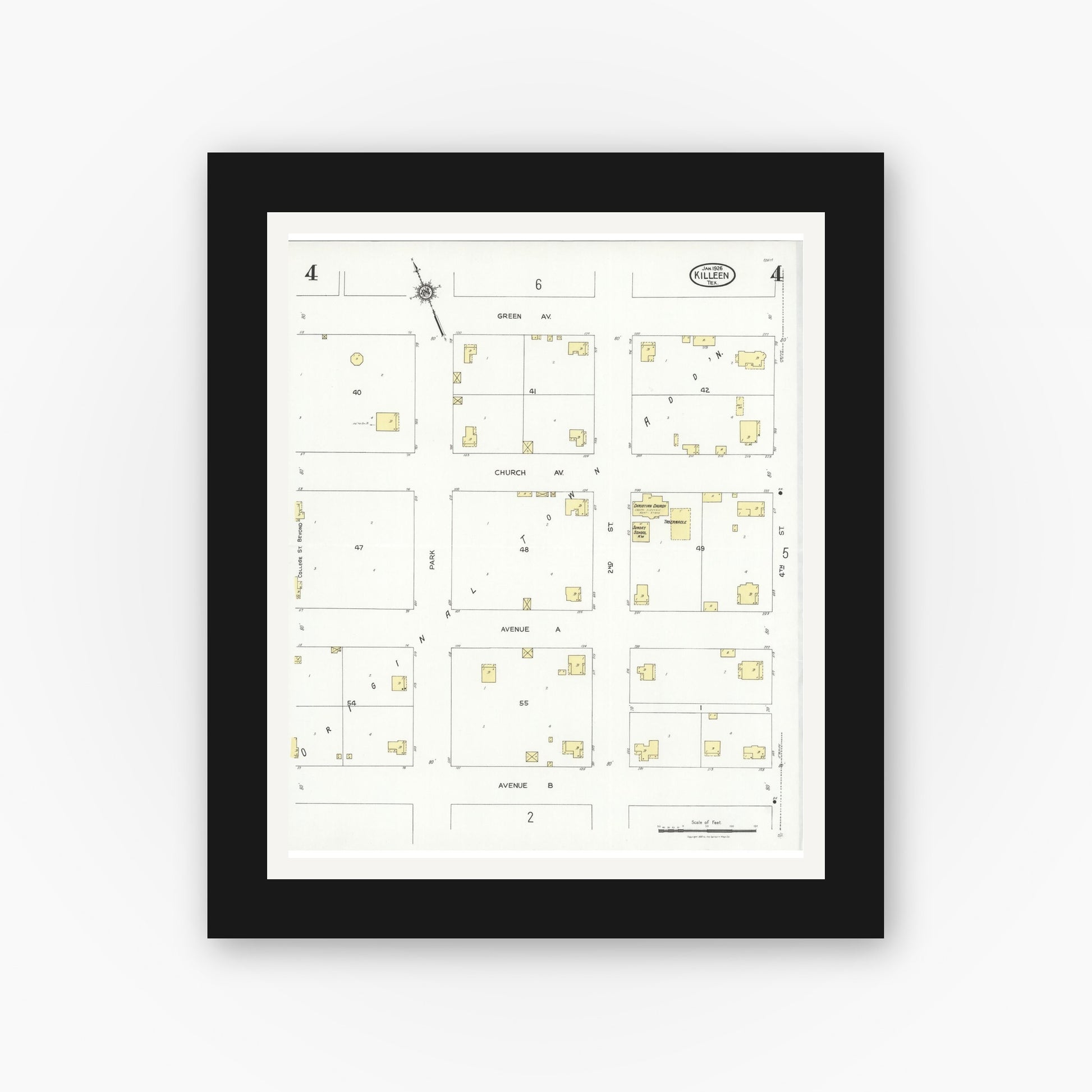 Old map wall art mockup — black gallery frame with white mat — Sanborn Fire Insurance Map from Killeen, Bell County, Texas (1926), Sheet #0004