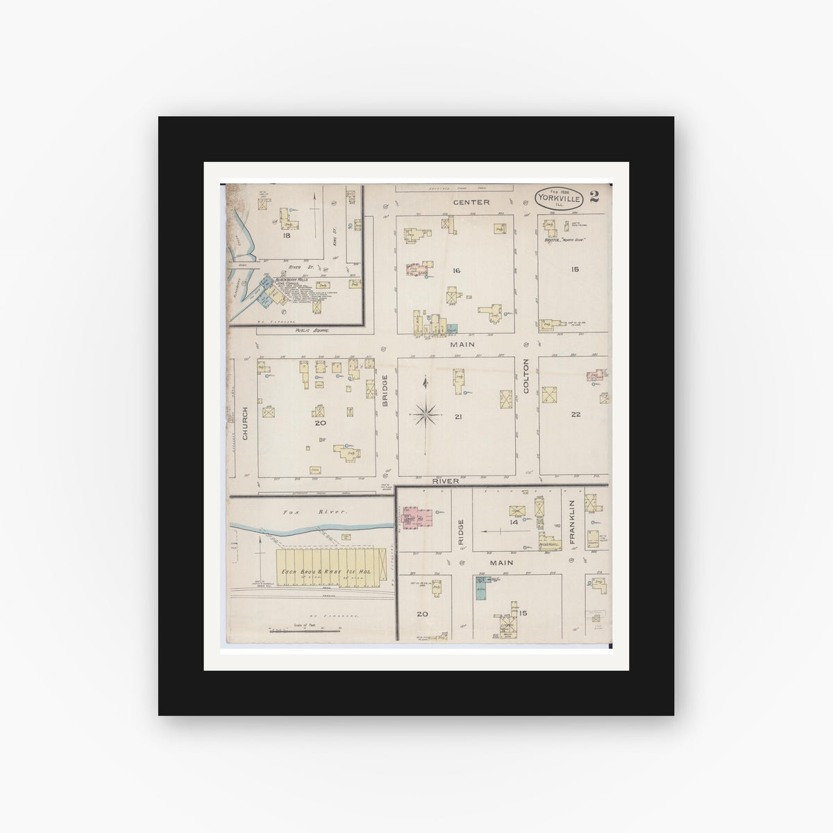 Old map wall art mockup — black gallery frame with white mat — Sanborn Fire Insurance Map from Yorkville, Kendall County, Illinois (1886), Sheet #0002