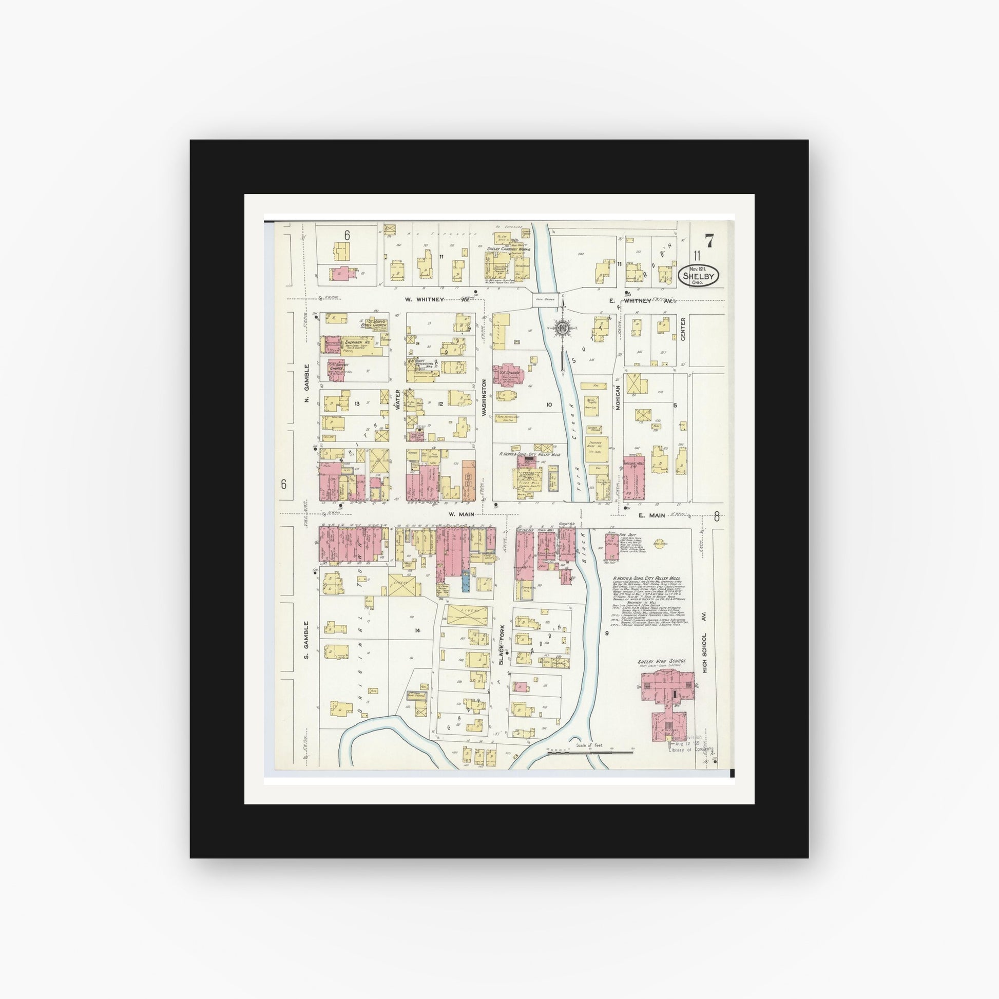 Old map wall art mockup — black gallery frame with white mat — Sanborn Fire Insurance Map from Shelby, Richland County, Ohio (1911), Sheet #0007