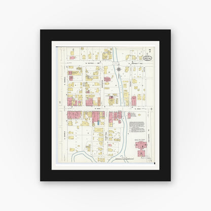 Old map wall art mockup — black gallery frame with white mat — Sanborn Fire Insurance Map from Shelby, Richland County, Ohio (1911), Sheet #0007