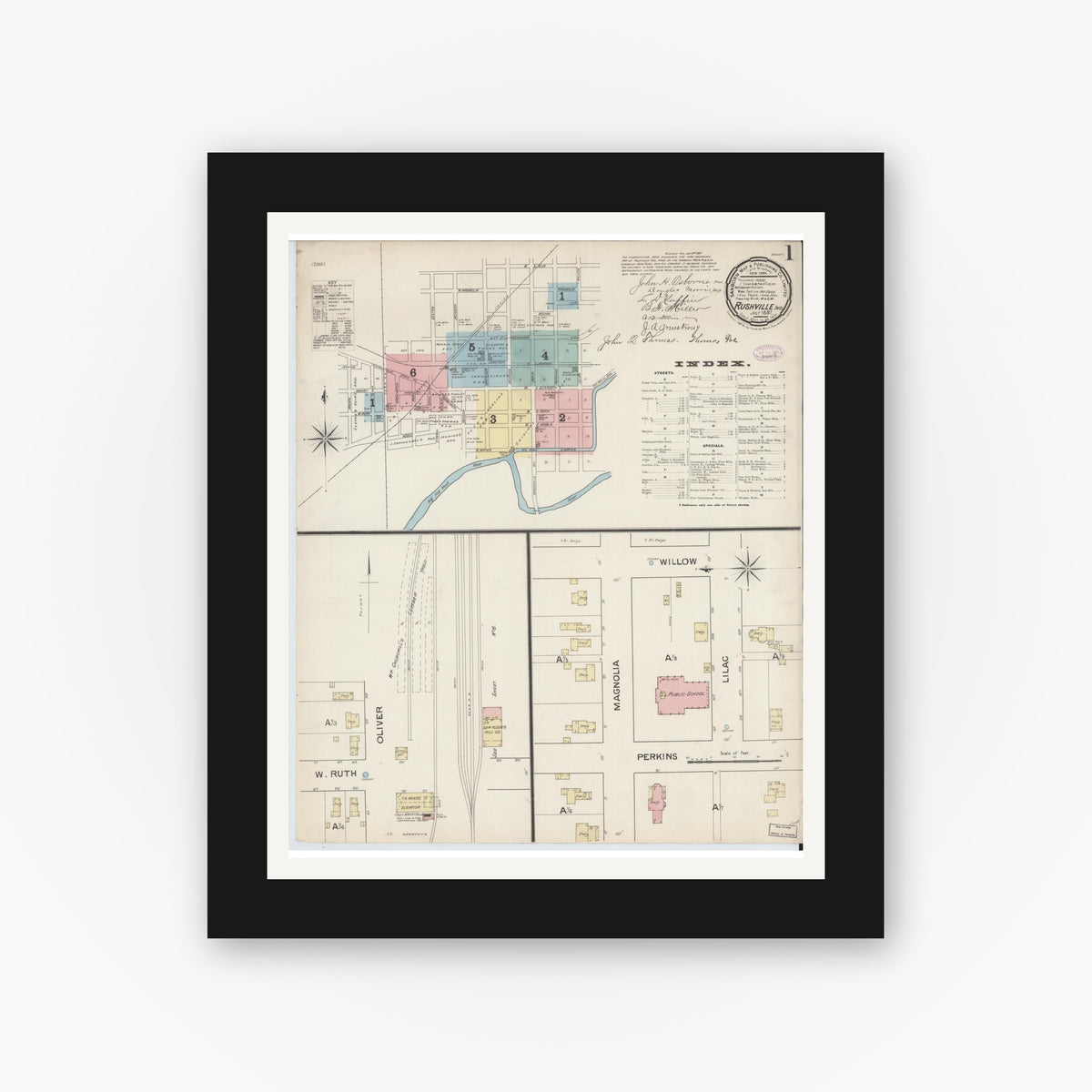 Old map wall art mockup — black gallery frame with white mat — Sanborn Fire Insurance Map from Rushville, Rush County, Indiana (1887), Sheet #0001