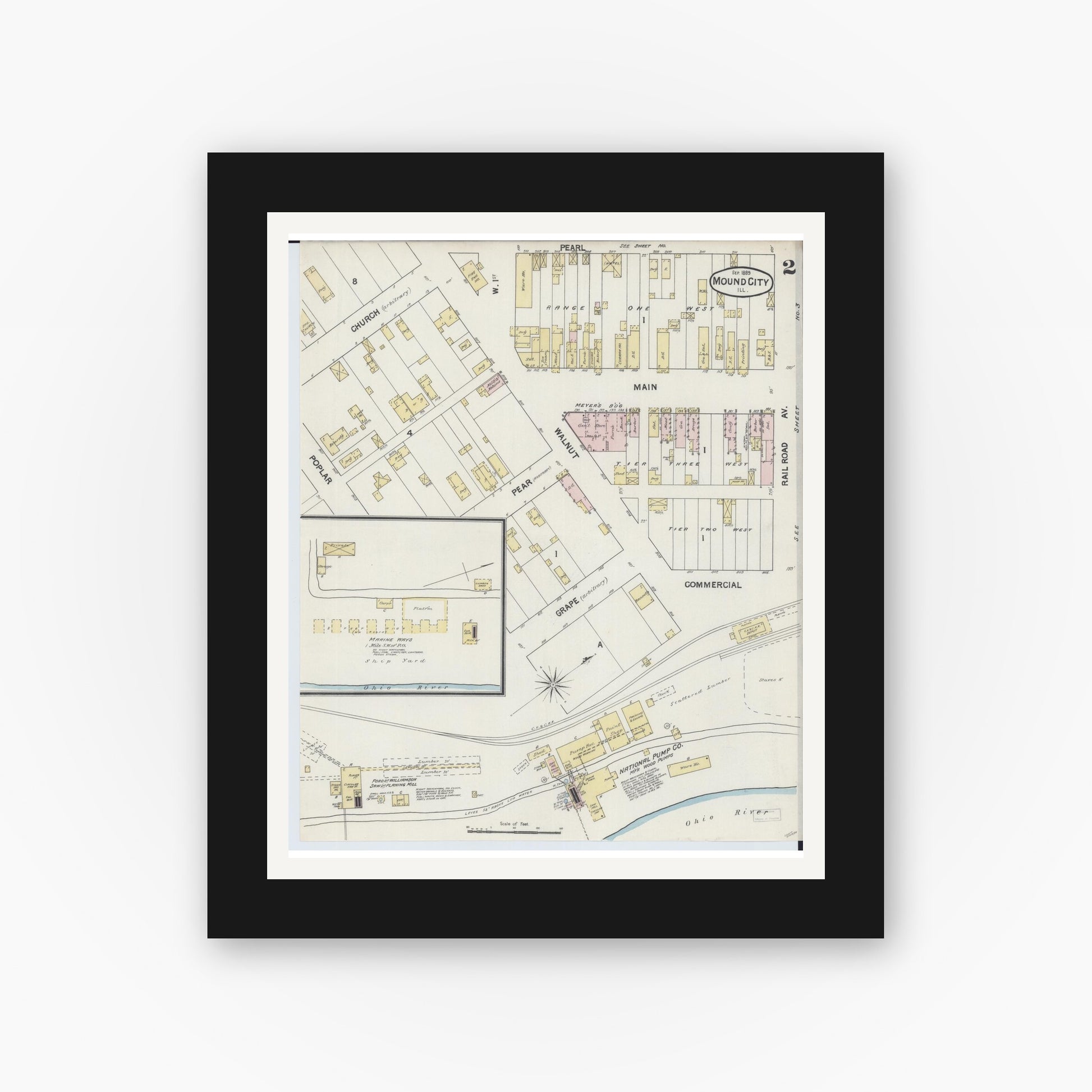 Old map wall art mockup — black gallery frame with white mat — Sanborn Fire Insurance Map from Mound City, Pulaski County, Illinois (1889), Sheet #0002