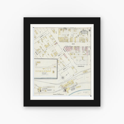 Old map wall art mockup — black gallery frame with white mat — Sanborn Fire Insurance Map from Mound City, Pulaski County, Illinois (1889), Sheet #0002