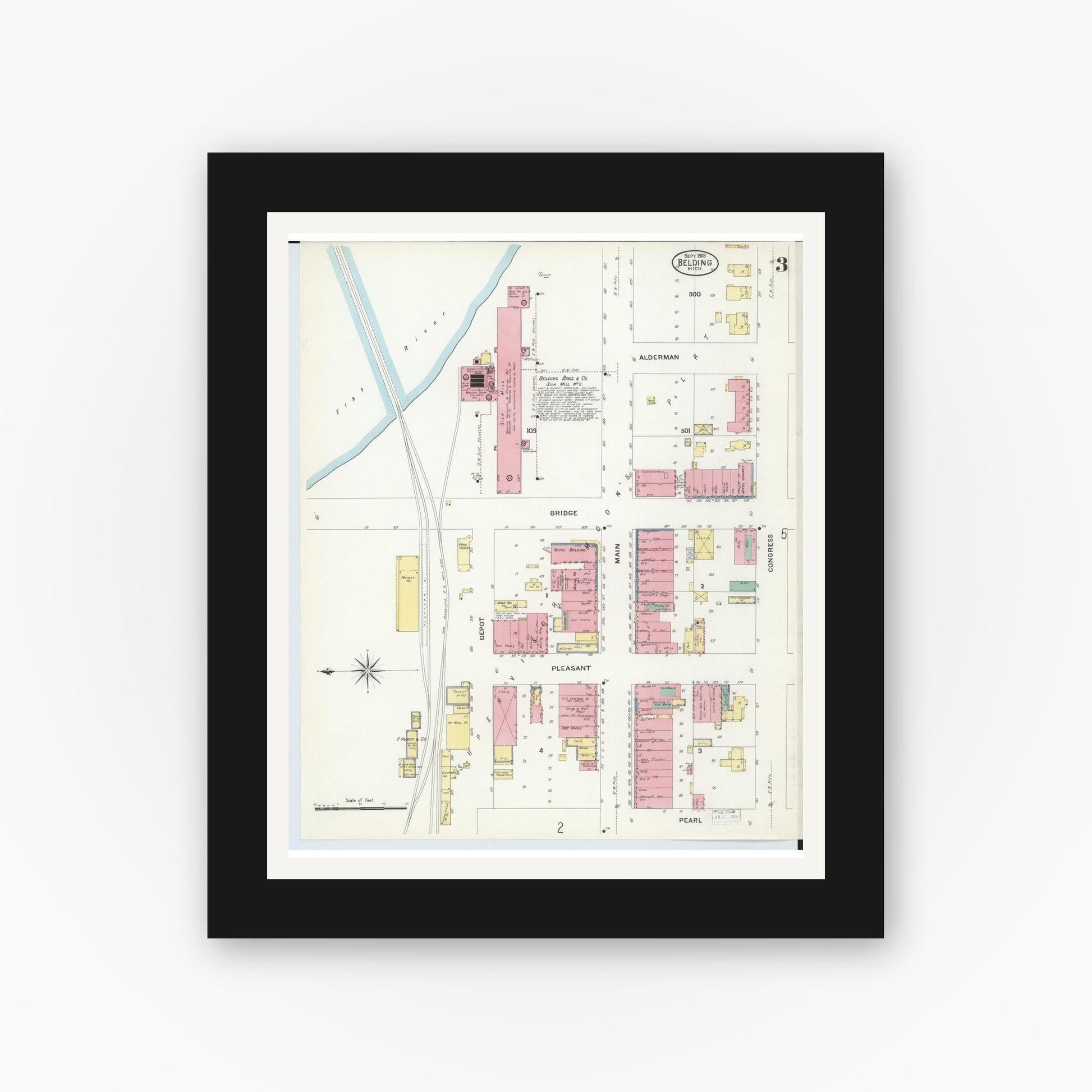 Old map wall art mockup — black gallery frame with white mat — Sanborn Fire Insurance Map from Belding, Ionia County, Michigan (1908), Sheet #0003