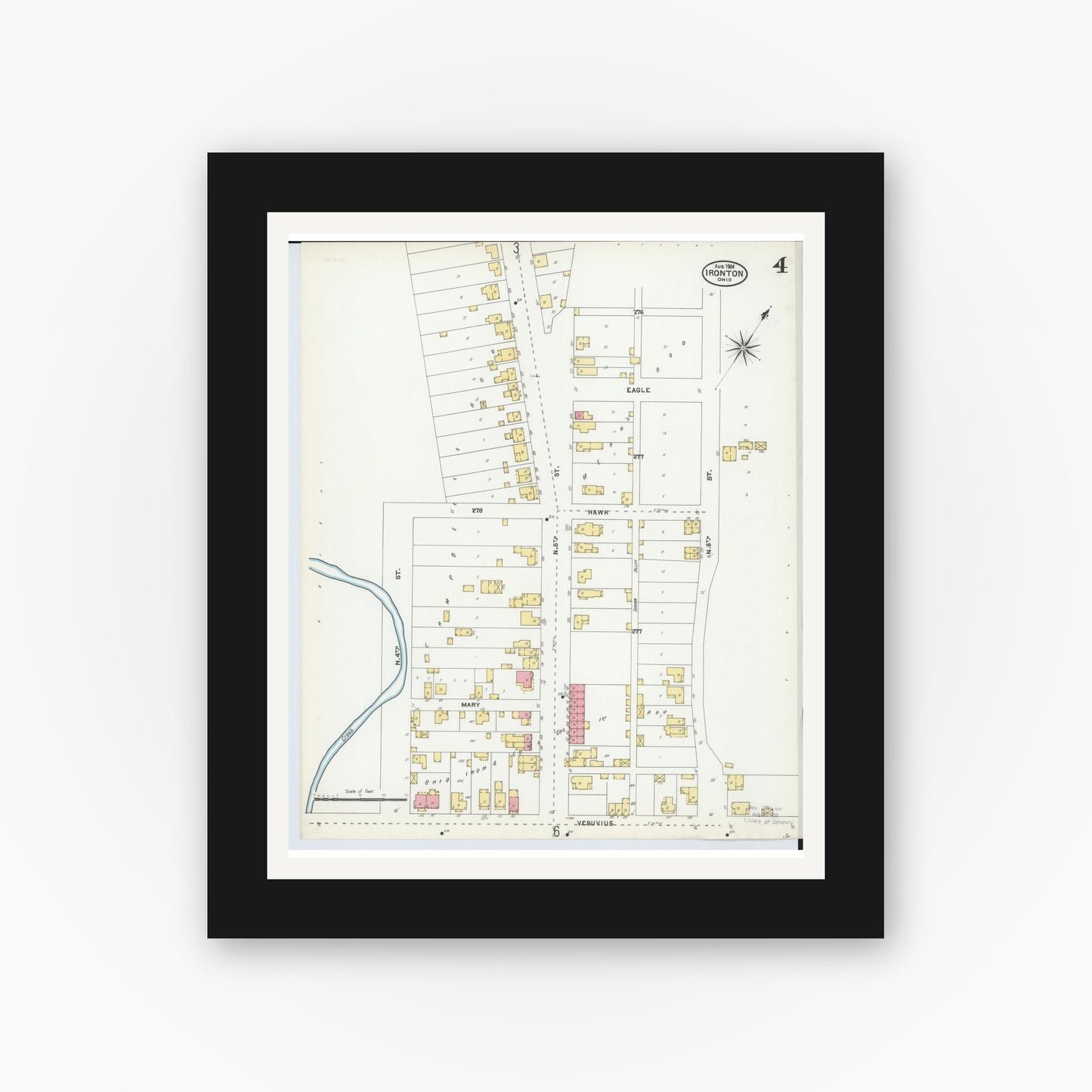 Old map wall art mockup — black gallery frame with white mat — Sanborn Fire Insurance Map from Ironton, Lawrence County, Ohio (1904), Sheet #0004
