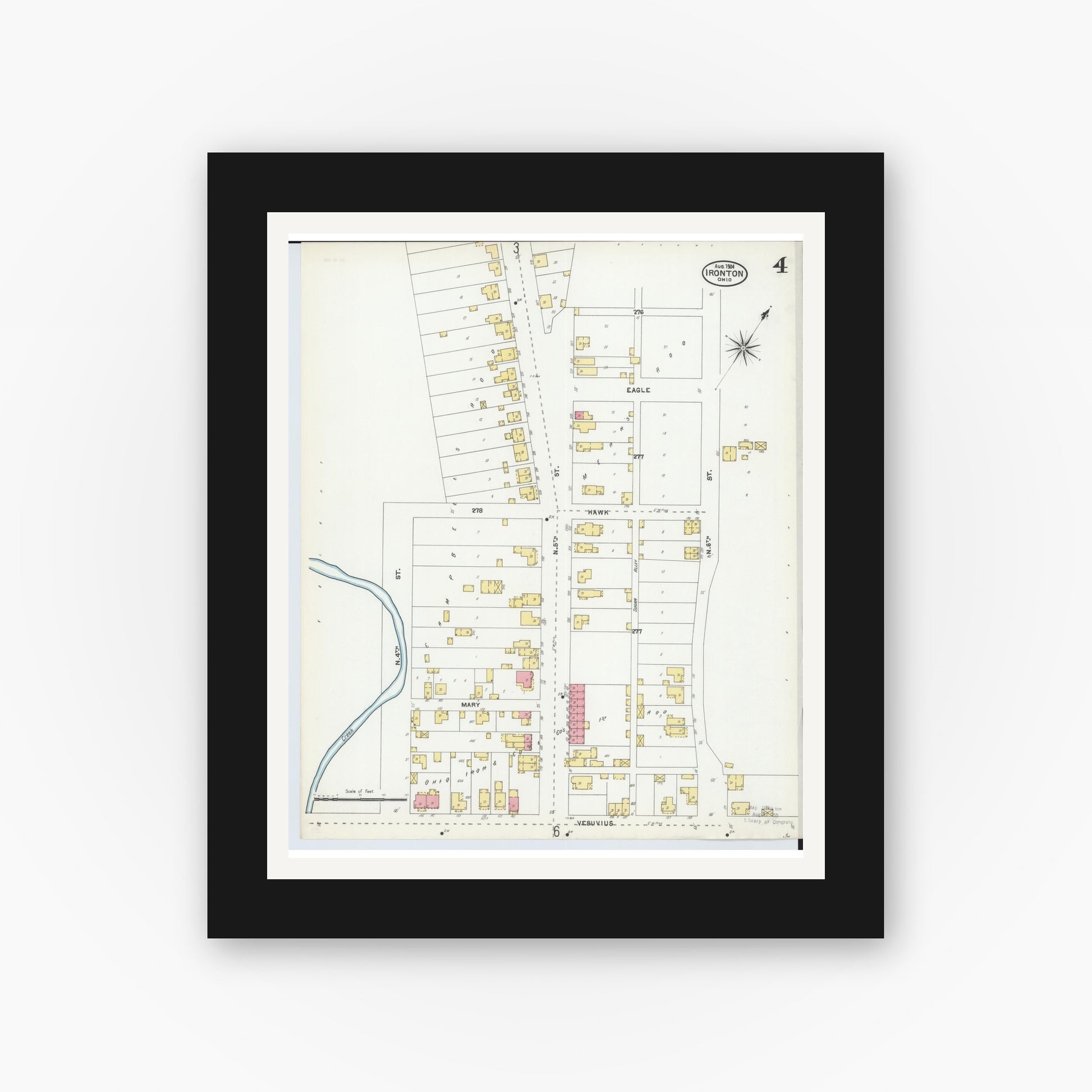 Old map wall art mockup — black gallery frame with white mat — Sanborn Fire Insurance Map from Ironton, Lawrence County, Ohio (1904), Sheet #0004