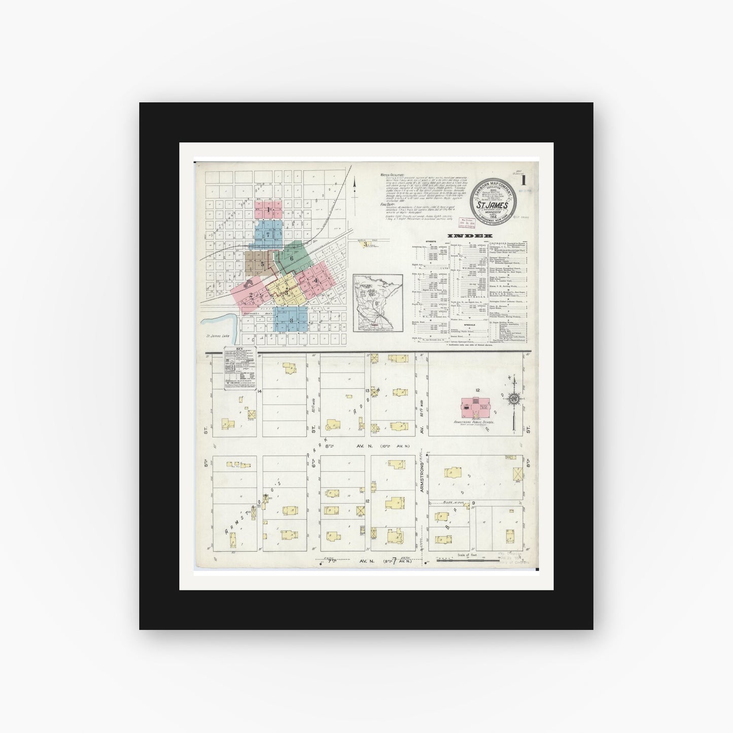 Old map wall art mockup — black gallery frame with white mat — Sanborn Fire Insurance Map from Saint James, Watonwan County, Minnesota (1914) - Complete Map Set