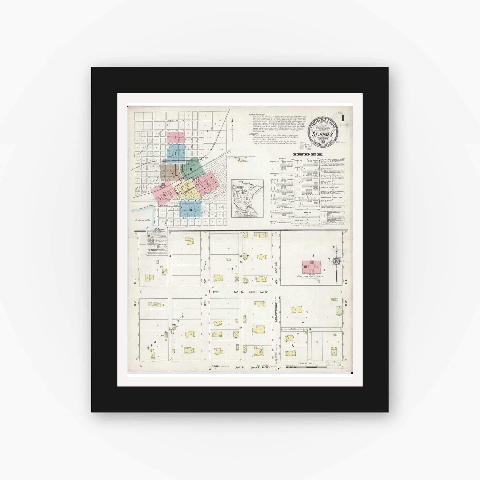 Old map wall art mockup — black gallery frame with white mat — Sanborn Fire Insurance Map from Saint James, Watonwan County, Minnesota (1914) - Complete Map Set