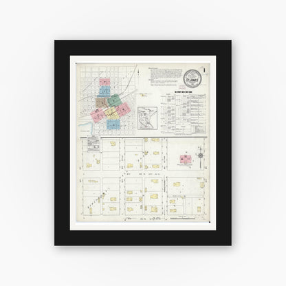 Old map wall art mockup — black gallery frame with white mat — Sanborn Fire Insurance Map from Saint James, Watonwan County, Minnesota (1914) - Complete Map Set