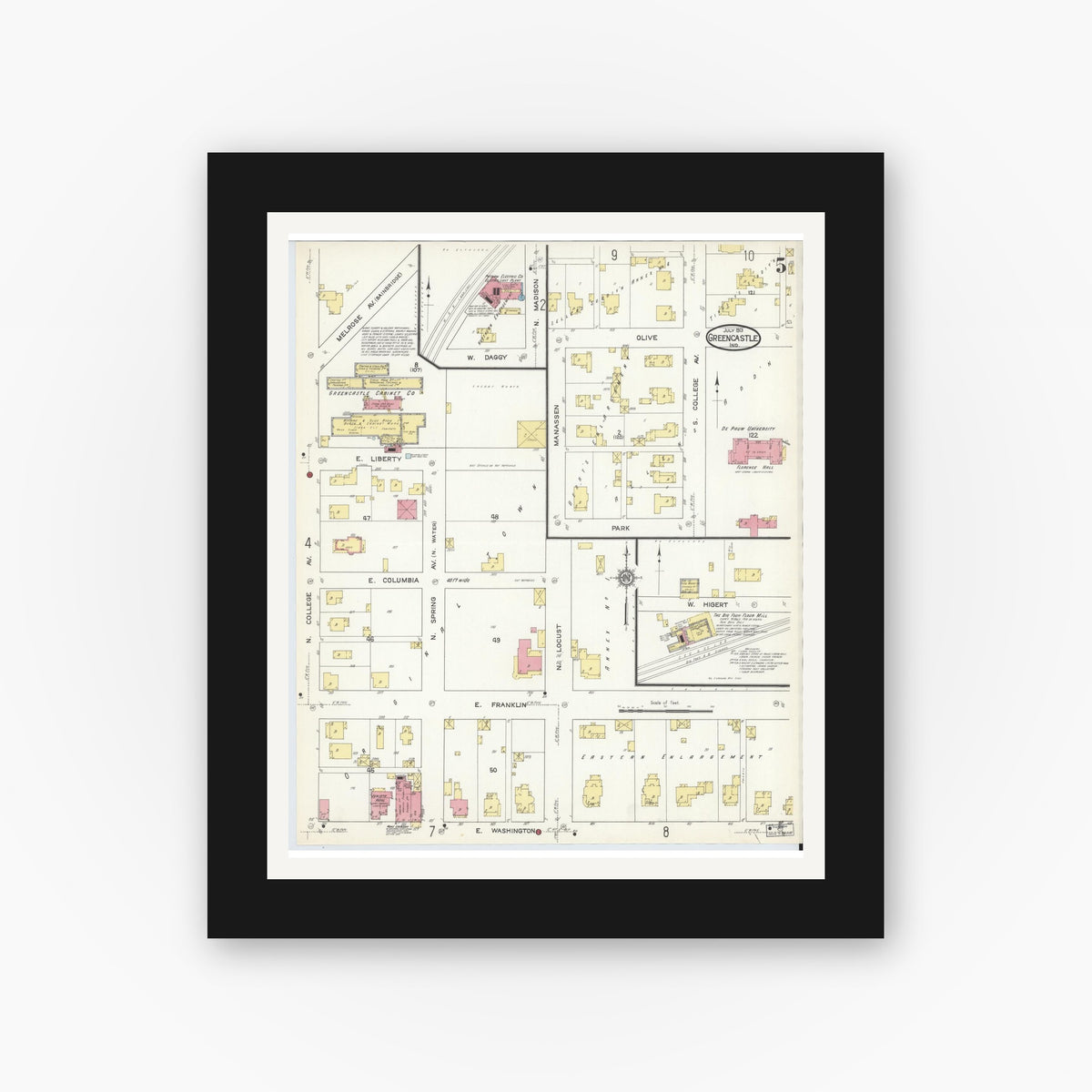 Old map wall art mockup — black gallery frame with white mat — Sanborn Fire Insurance Map from Greencastle, Putnam County, Indiana (1913), Sheet #0005