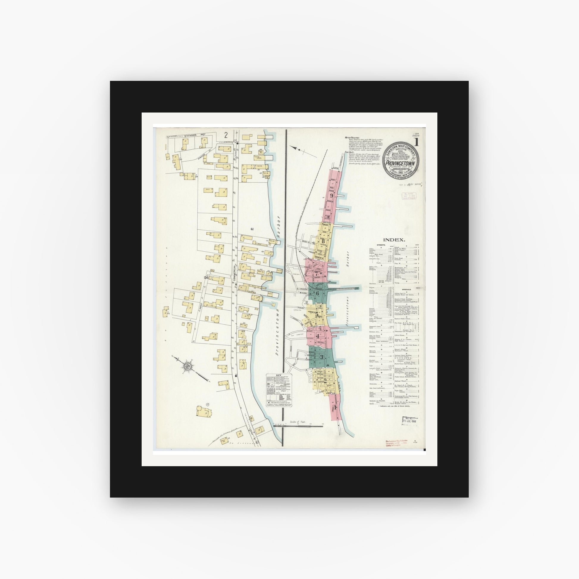 Old map wall art mockup — black gallery frame with white mat — Sanborn Fire Insurance Map from Provincetown, Barnstable County, Massachusetts (1912) - Complete Map Set