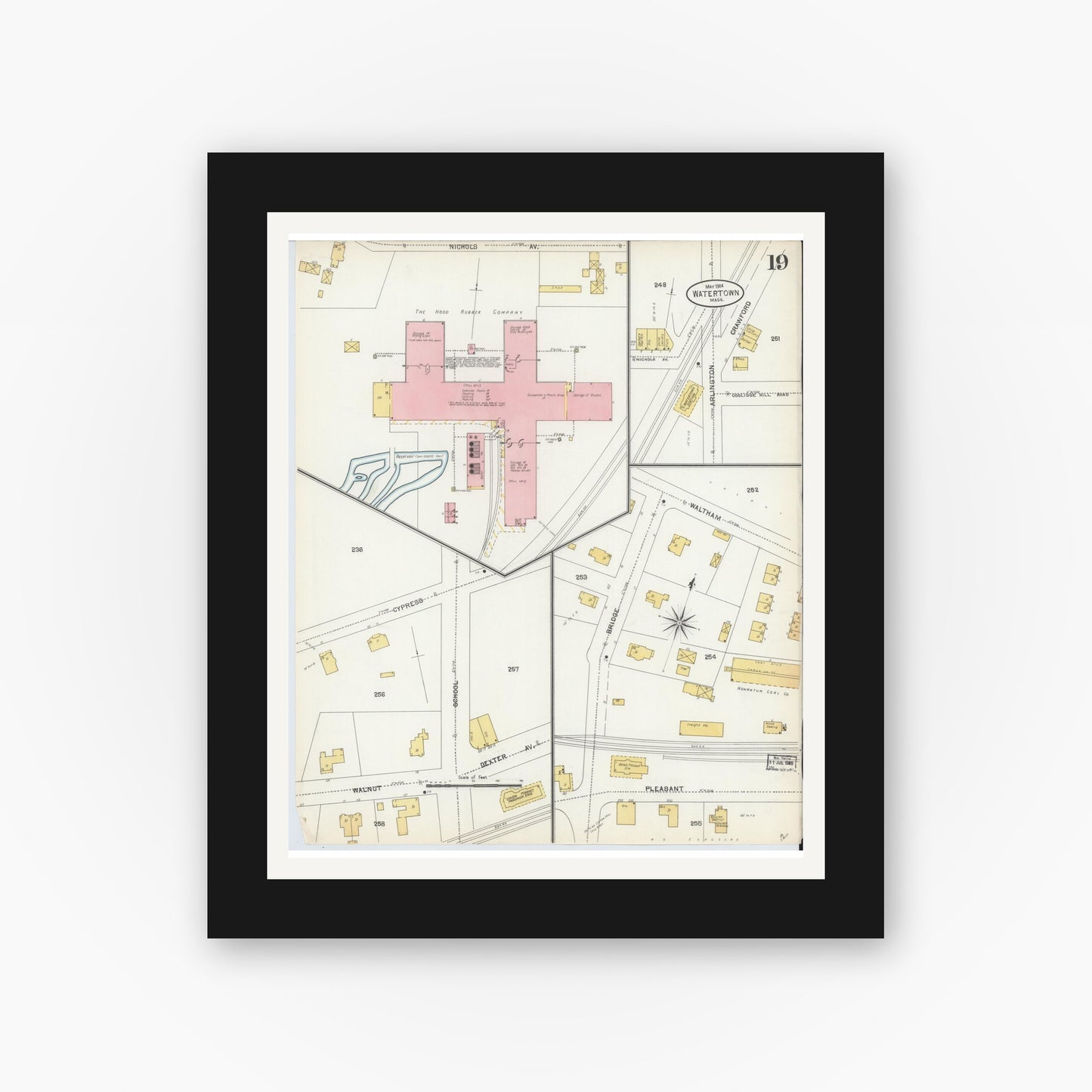 Old map wall art mockup — black gallery frame with white mat — Sanborn Fire Insurance Map from Watertown, Middlesex County, Massachusetts (1904), Sheet #0019