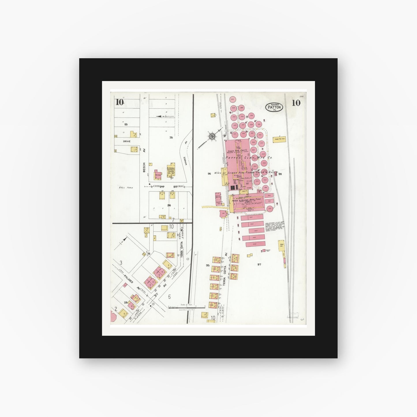 Old map wall art mockup — black gallery frame with white mat — Sanborn Fire Insurance Map from Patton, Cambria County, Pennsylvania (1923), Sheet #0010