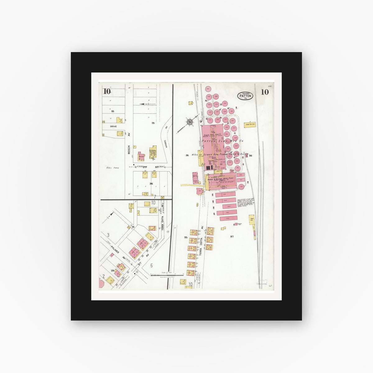 Old map wall art mockup — black gallery frame with white mat — Sanborn Fire Insurance Map from Patton, Cambria County, Pennsylvania (1923), Sheet #0010