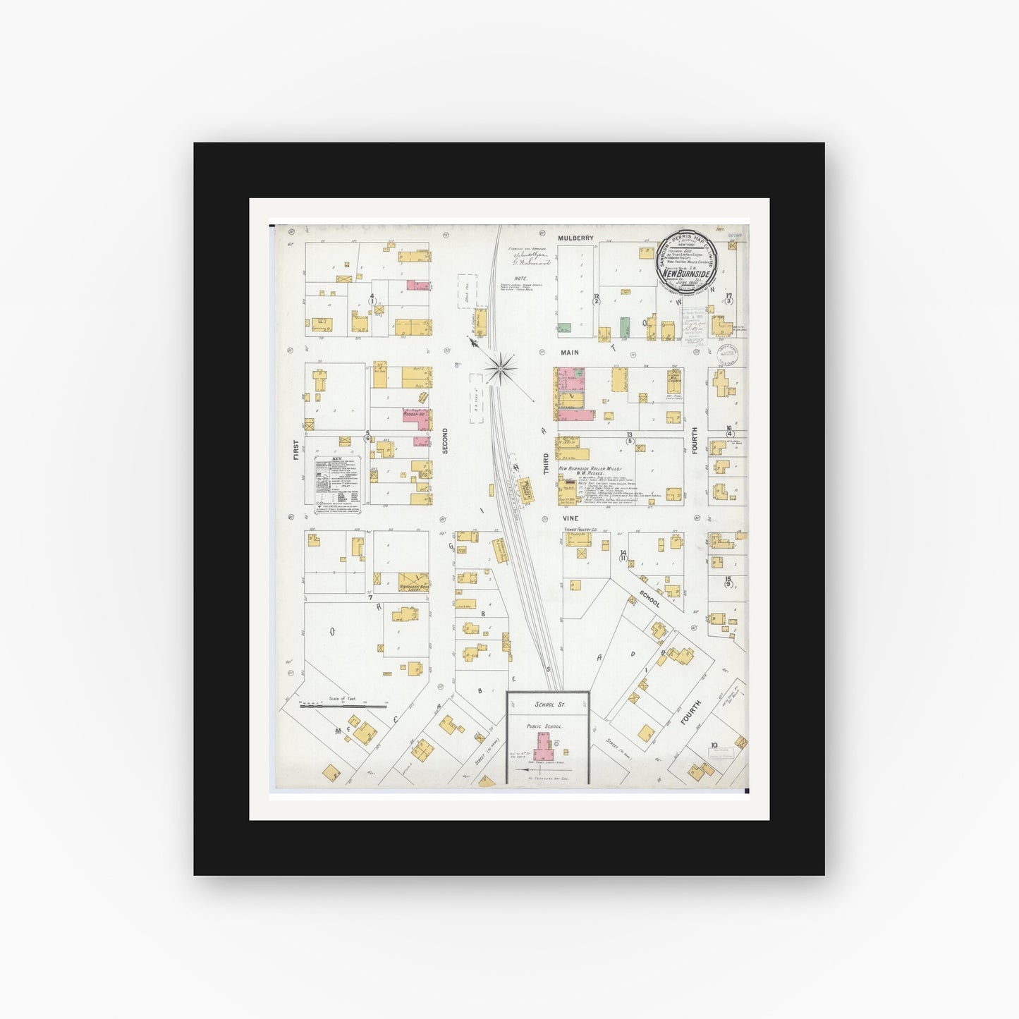 Old map wall art mockup — black gallery frame with white mat — Sanborn Fire Insurance Map from New Burnside, Johnson County, Illinois (1900), Sheet #0001