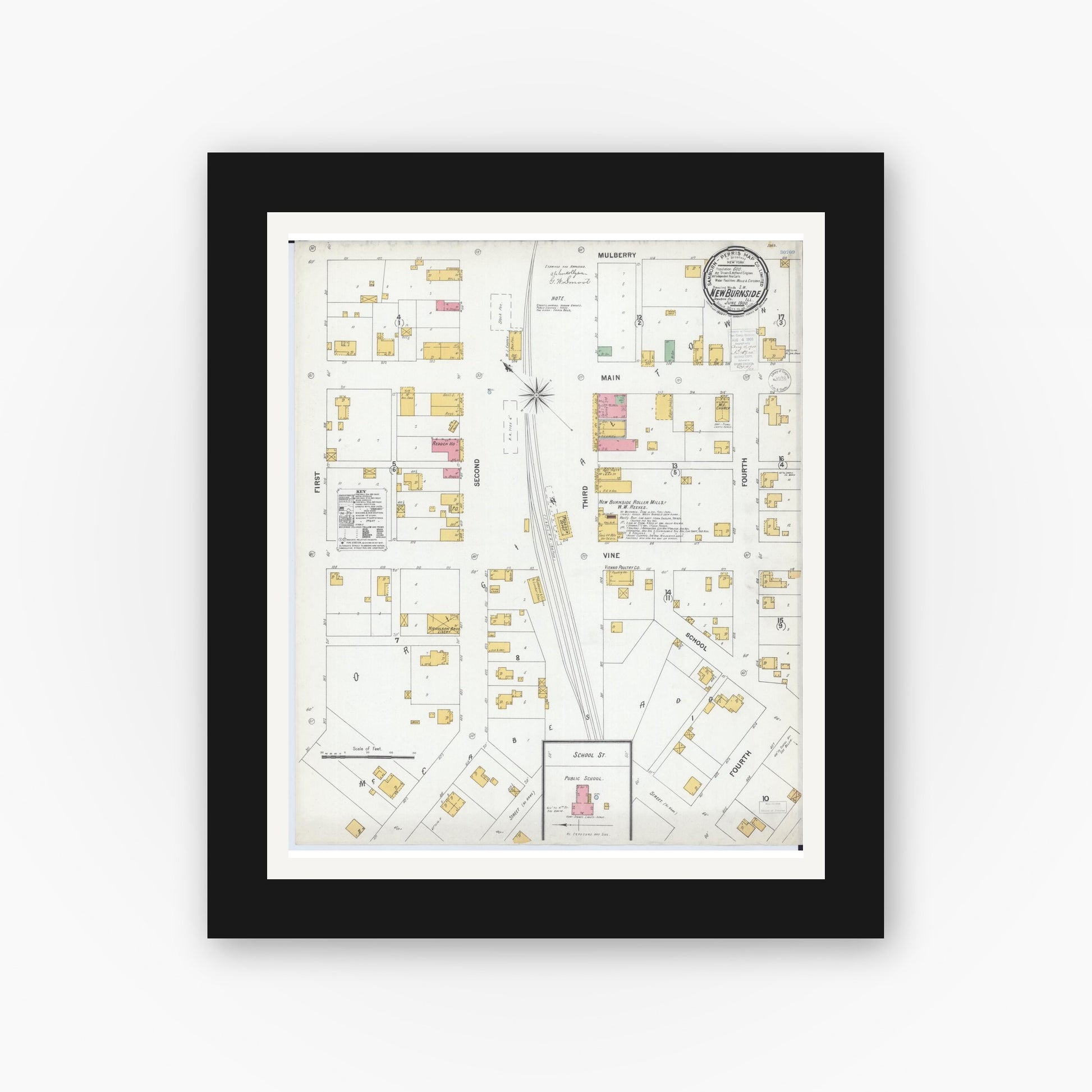 Old map wall art mockup — black gallery frame with white mat — Sanborn Fire Insurance Map from New Burnside, Johnson County, Illinois (1900), Sheet #0001