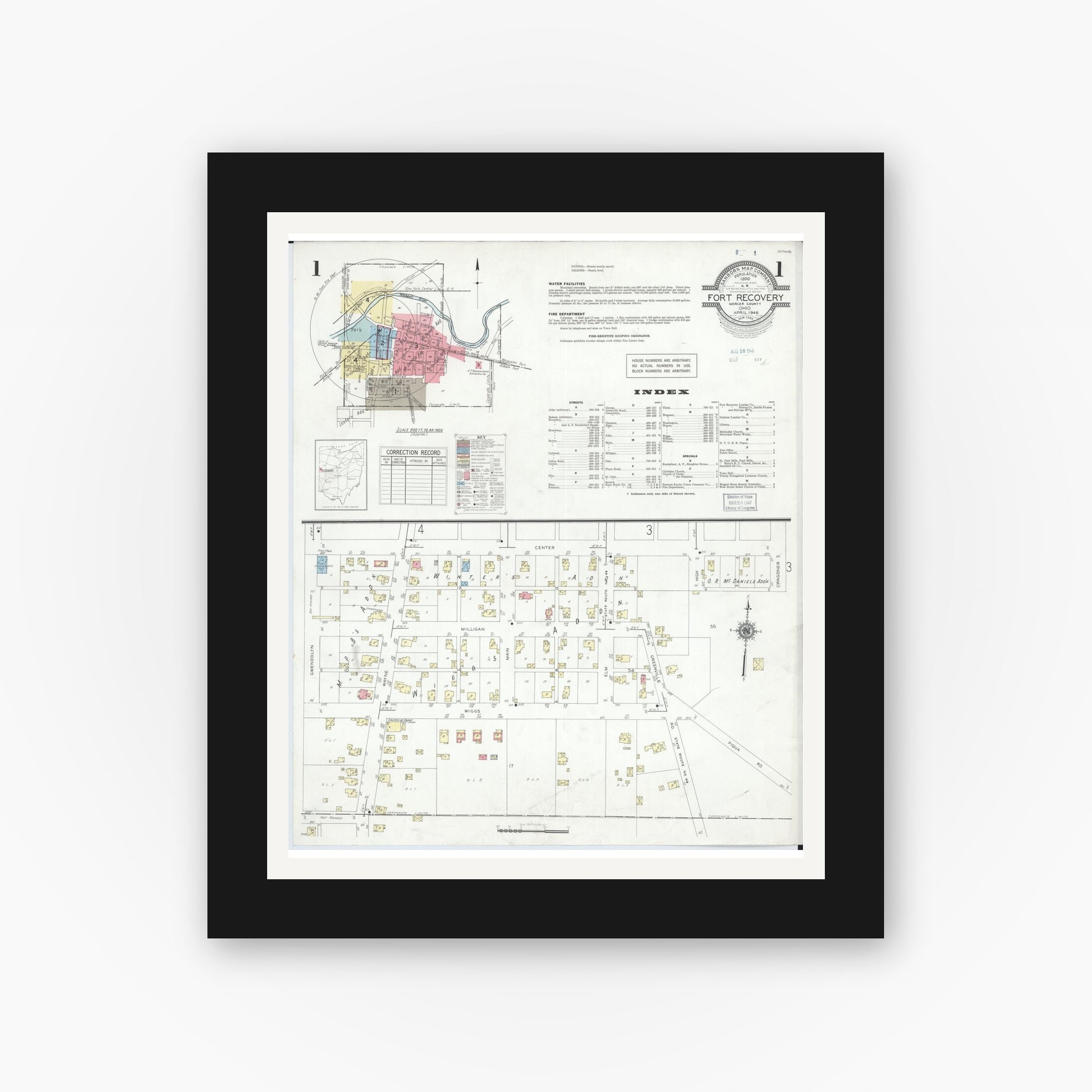 Old map wall art mockup — black gallery frame with white mat — Sanborn Fire Insurance Map from Fort Recovery, Mercer County, Ohio (1946), Sheet #0001