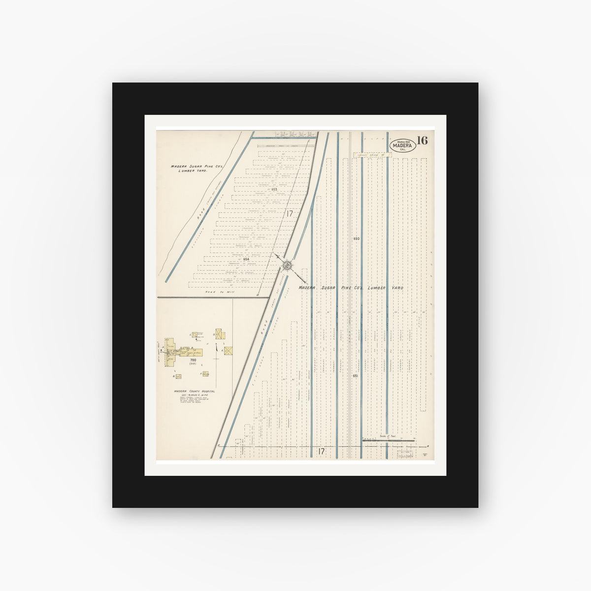 Old map wall art mockup — black gallery frame with white mat — Sanborn Fire Insurance Map from Madera, Madera County, California (1912), Sheet #0016