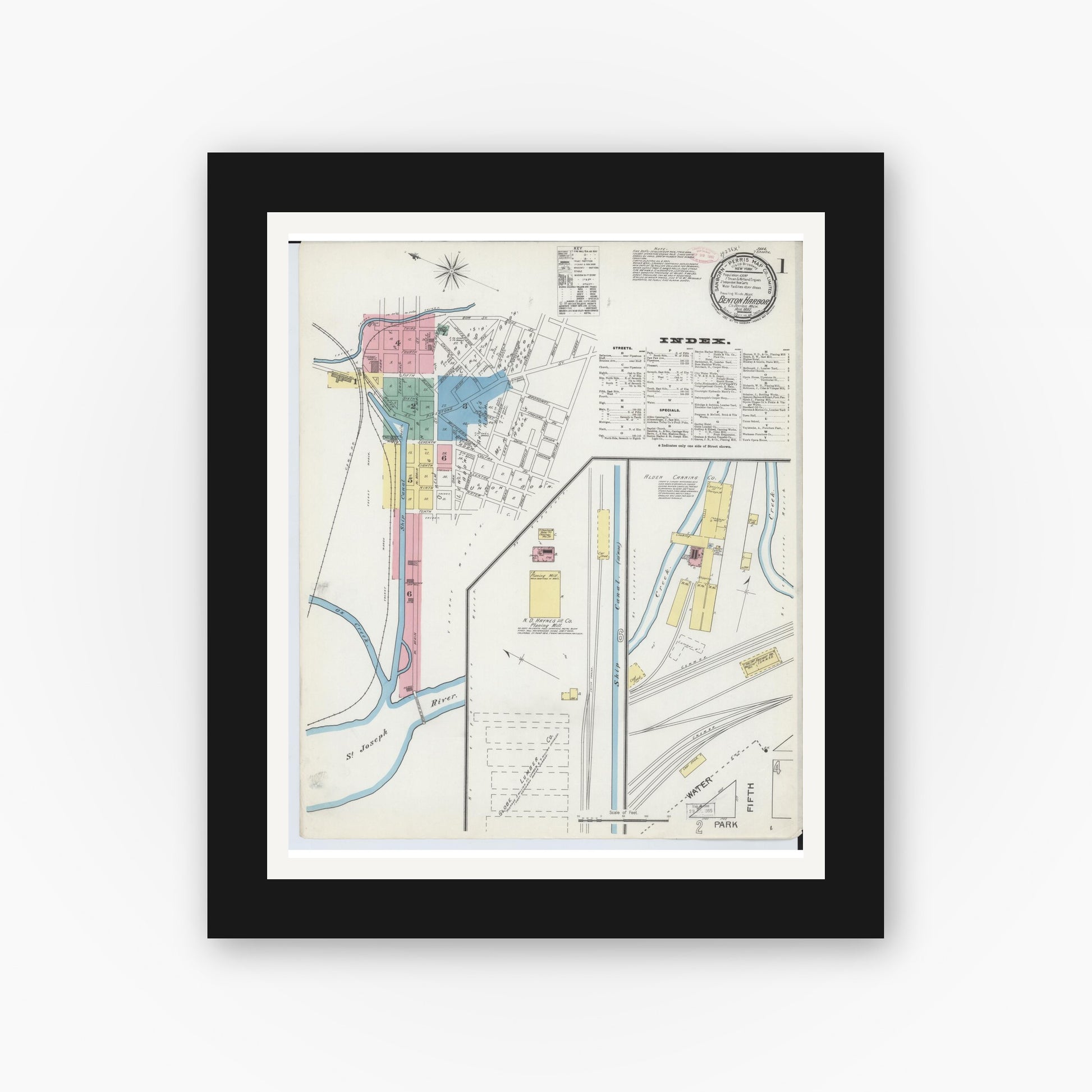 Old map wall art mockup — black gallery frame with white mat — Sanborn Fire Insurance Map from Benton Harbor, Berrien County, Michigan (1892) - Complete Map Set