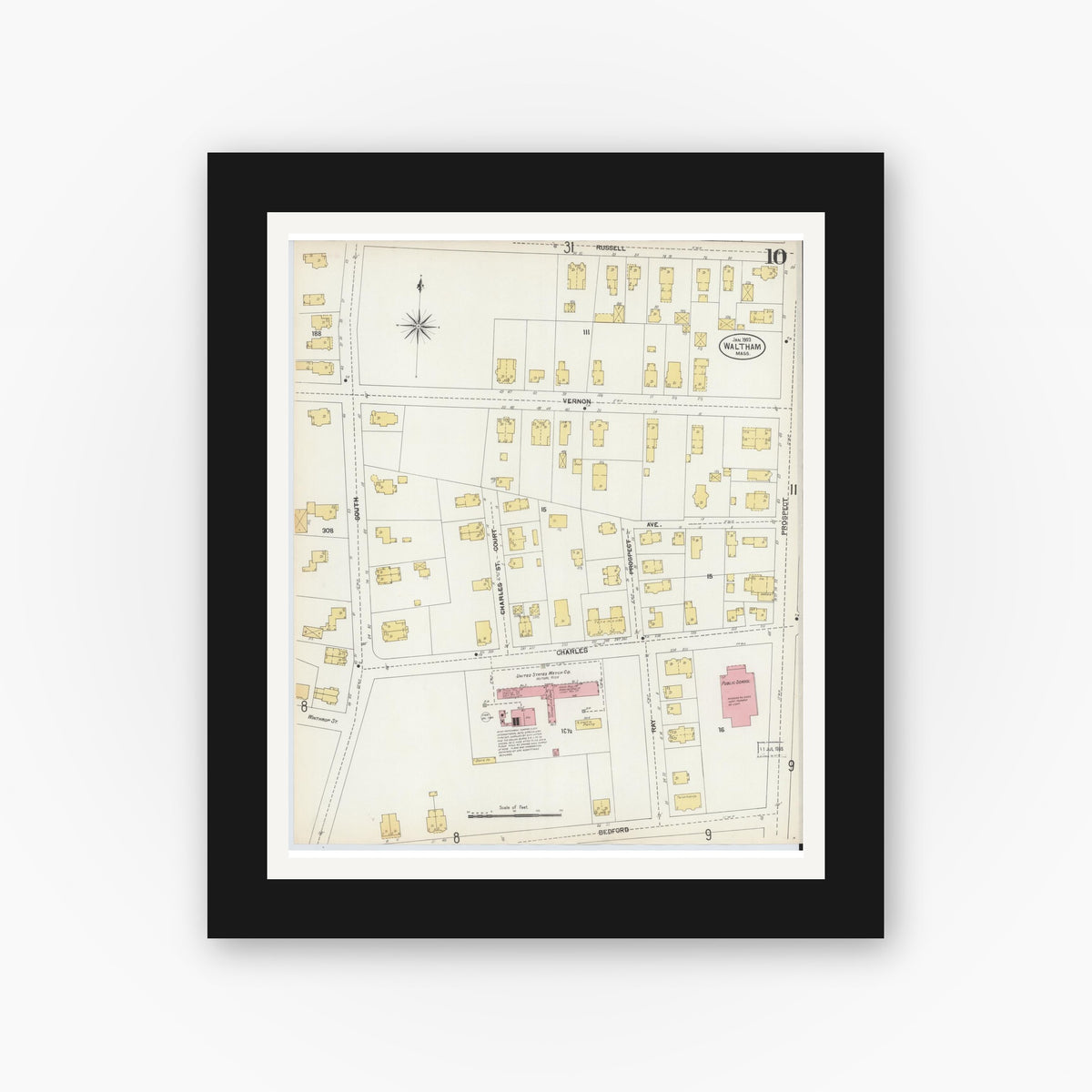 Old map wall art mockup — black gallery frame with white mat — Sanborn Fire Insurance Map from Waltham, Middlesex County, Massachusetts (1903), Sheet #0010