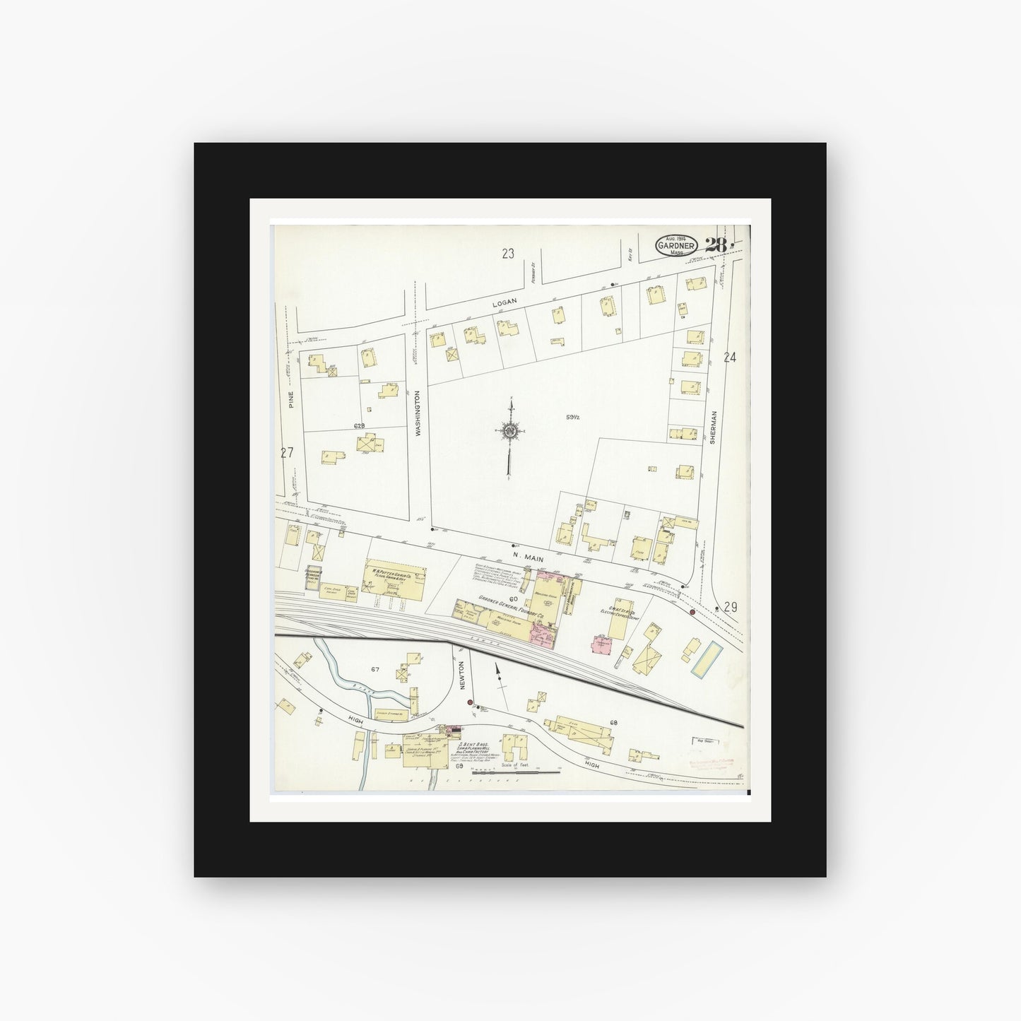 Old map wall art mockup — black gallery frame with white mat — Sanborn Fire Insurance Map from Gardner, Worcester County, Massachusetts (1914), Sheet #0028
